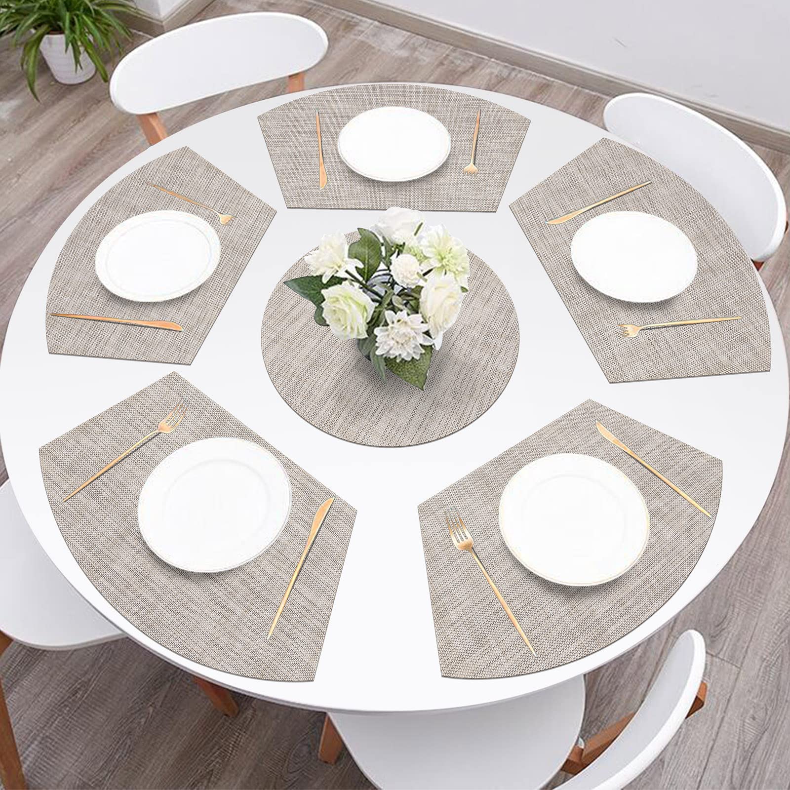Shacos Round Table Placemats Set Of 7 Wedge Placemats With Centerpiece Round Mats Heat Resistant Washable (7, Beige White Black)