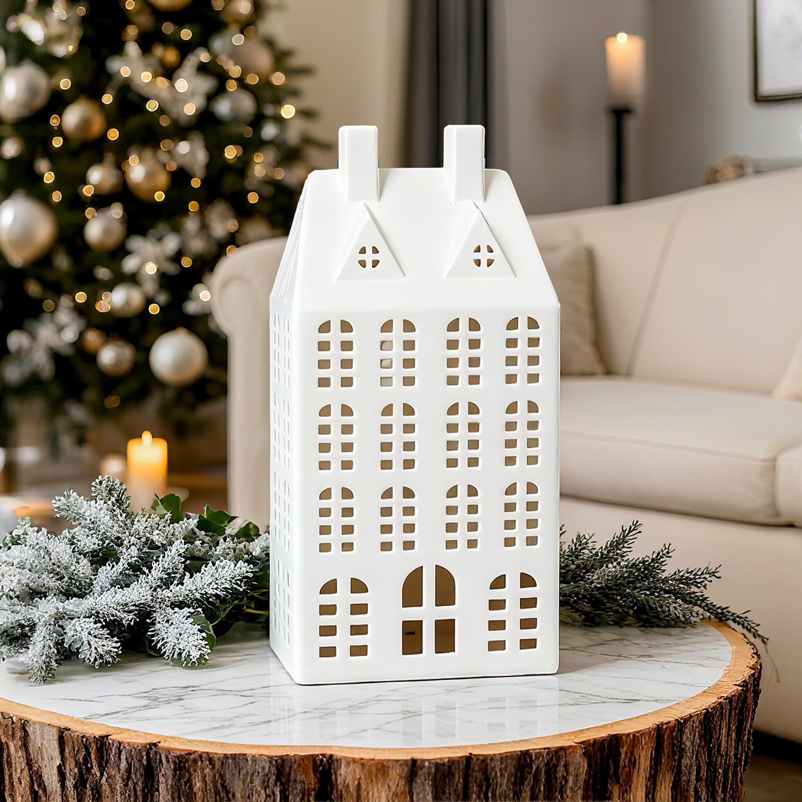 DN DECONATION Light Up Christmas Village House, White Ceramic House Decor with Lights, Modern Christmas Town Building Decoration