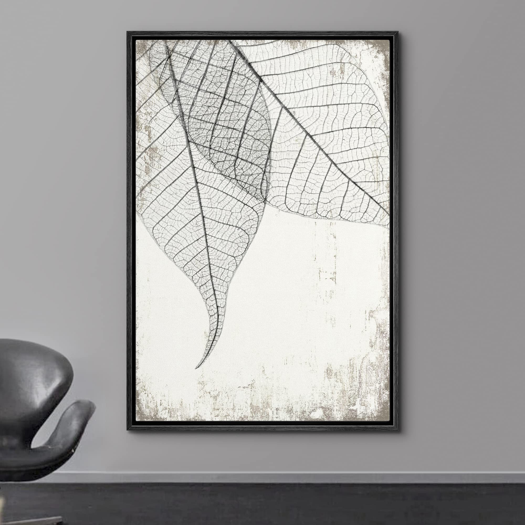 Wall26 Framed Canvas Print Wall Art Transparent Black & White Leaves On Grunge Background Floral Nature Illustrations Modern Art