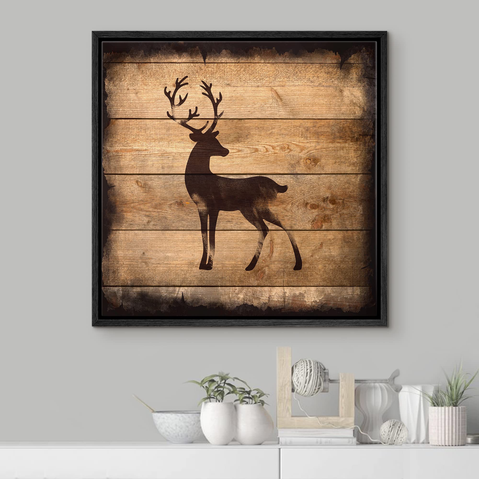 Wall26 - Square Framed Canvas Wall Art - Deer Silhouette On Rustic Wood Board Texture Background - Giclee Print Gallery Wrap Mod