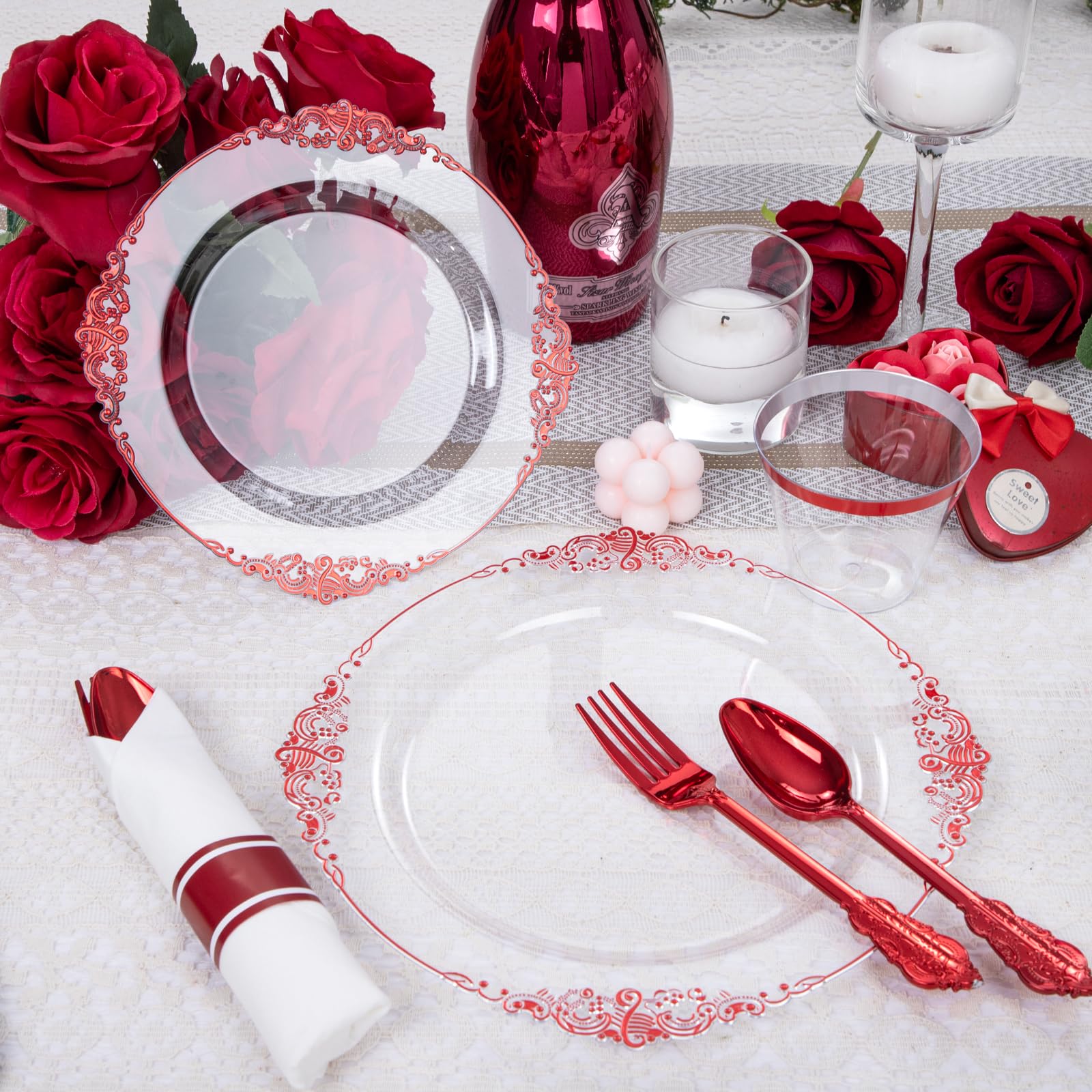 Hioasis 350Pcs Clear And Red Plastic Plates, Red Dinnerware Set For 50 Guests Include 50 Dinner Plates,50 Dessert Plates,50 Pre