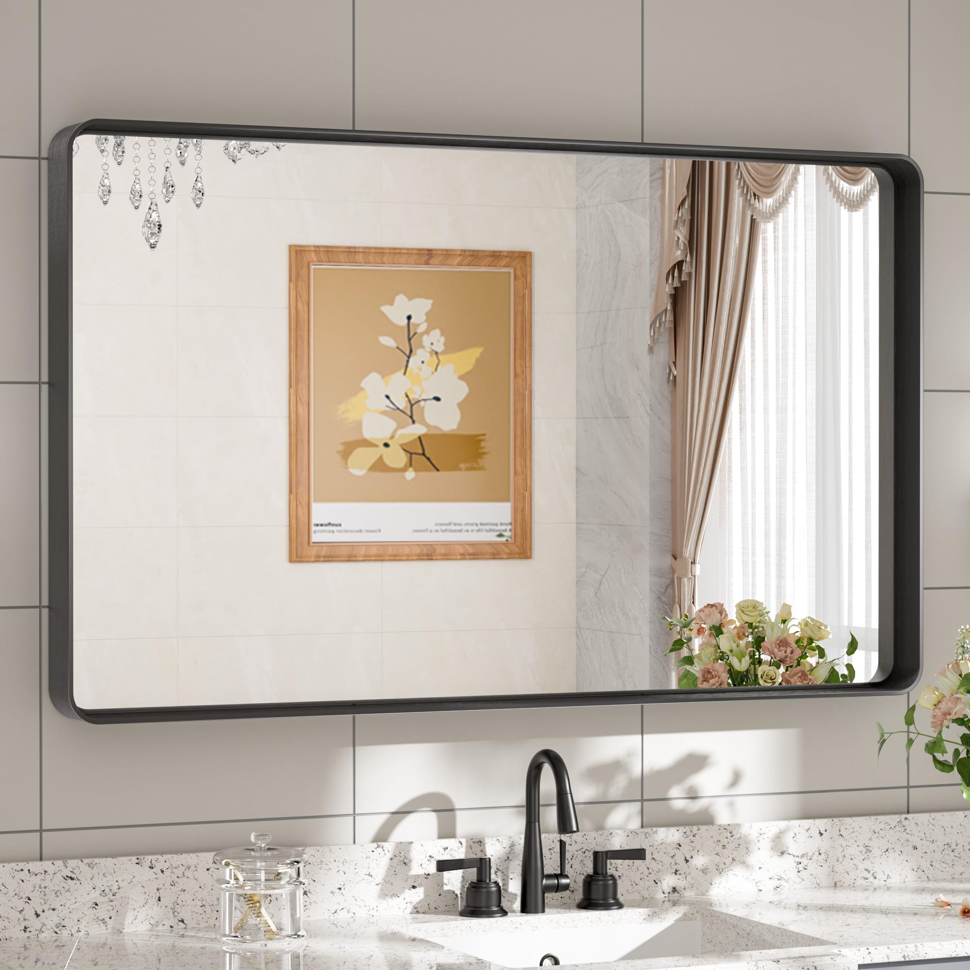 Tetote Black Framed Bathroom Mirror, 40 X 24 Inch Matte Metal Frame Vanity Mirror, Modern Farmhouse Wall Mounted Rectangle Mirro