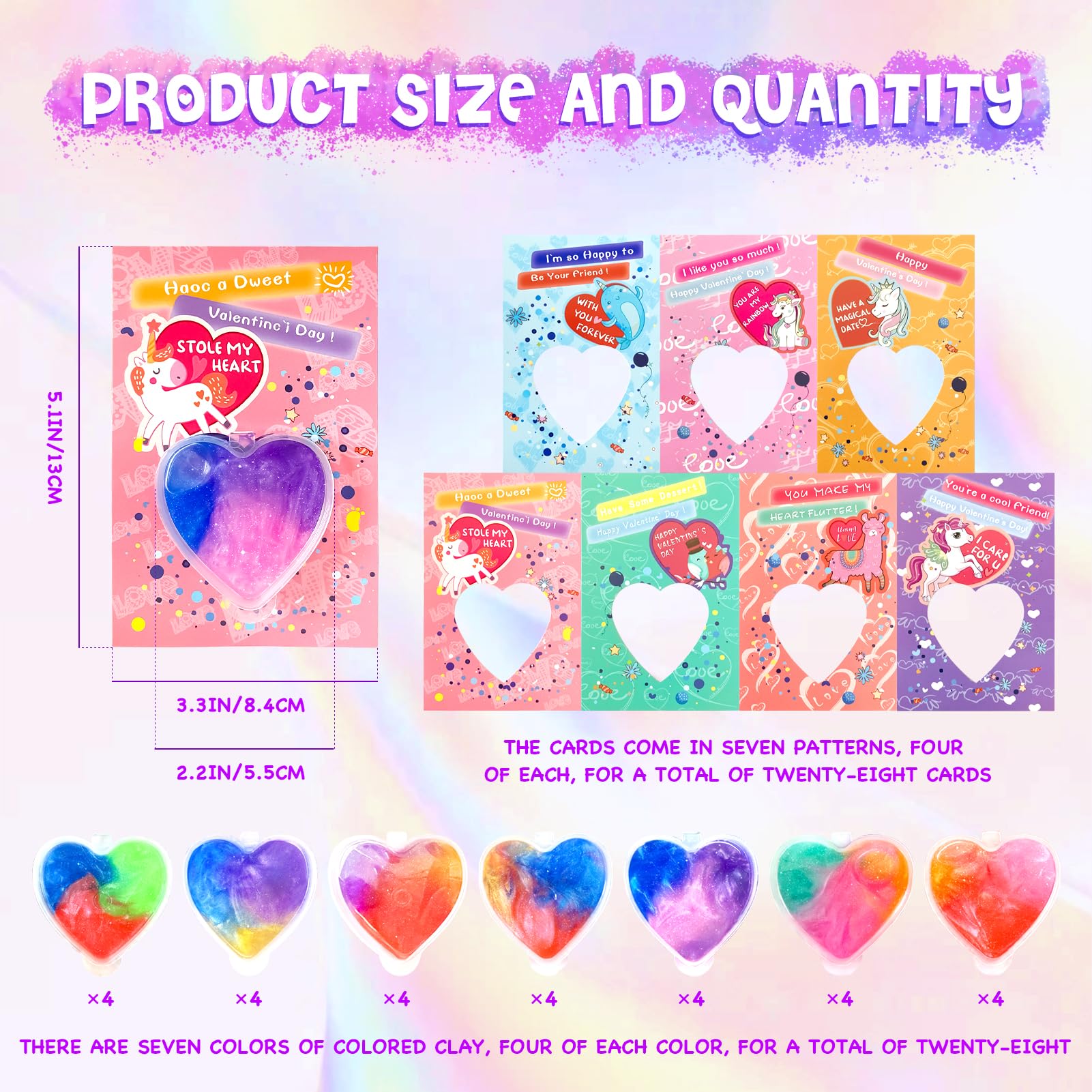28 Pack Valentines Day Galaxy Slime Hearts With Valentines Cards For Kids Valentine Classroom Exchange Unicorn Cards, School Gam