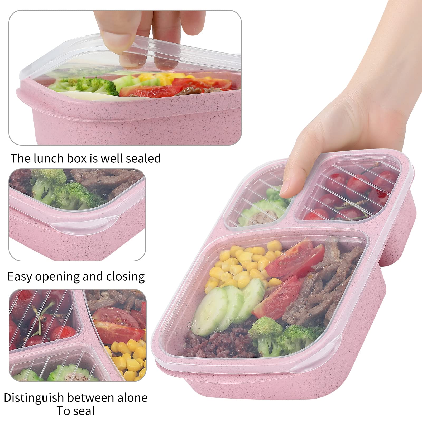 Buluker 4 Pack Bento Lunch Box Set 3 Compartment Wheat Straw Meal Prep Food Storage Containers Plastic, Microwave And Dishwasher