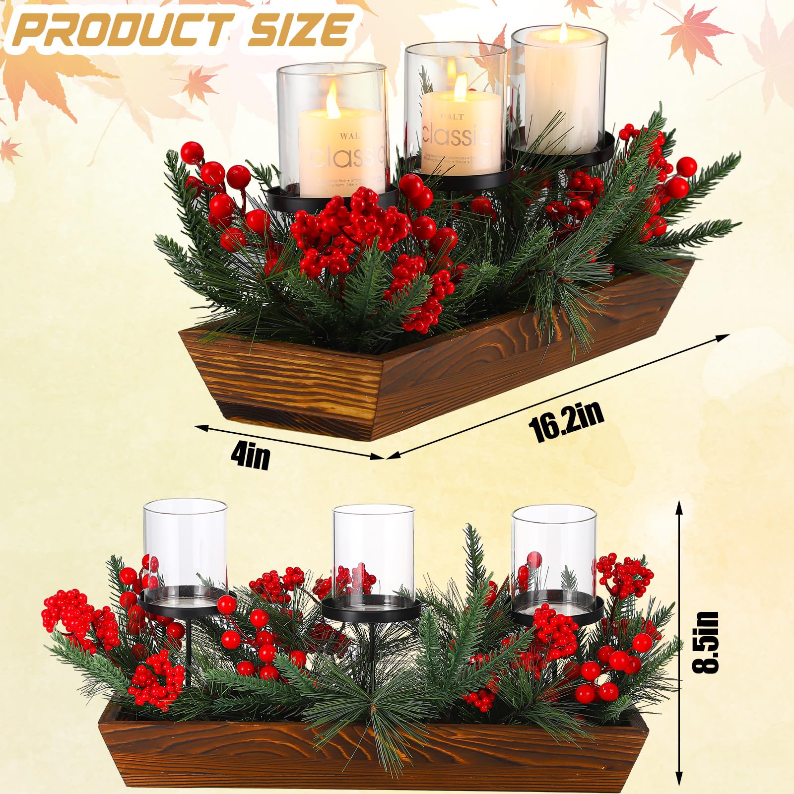 Suttmin 3 Pillar Christmas Table Centerpiece Christmas Candle Holder Artificial Red Berries Pine Cones with Steal Base Frosted B