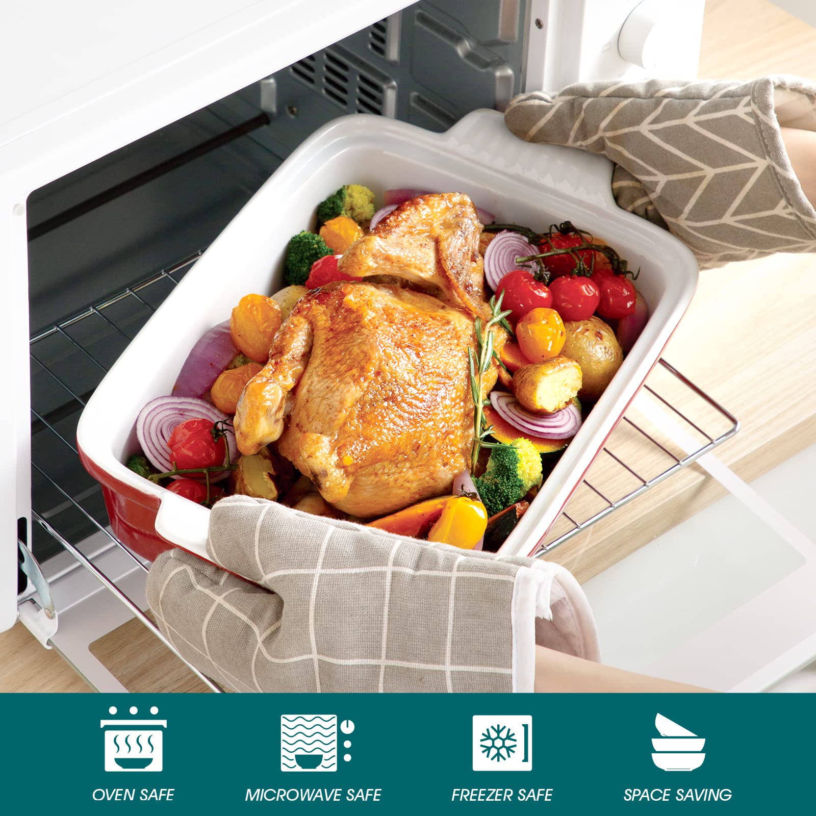 Vancasso Blossom Casserole Dish, 13X9 Baking Dish, 3.8 Quart Casserole Dish Set Lasagna Pan Deep With Lid Oven Safe, Red