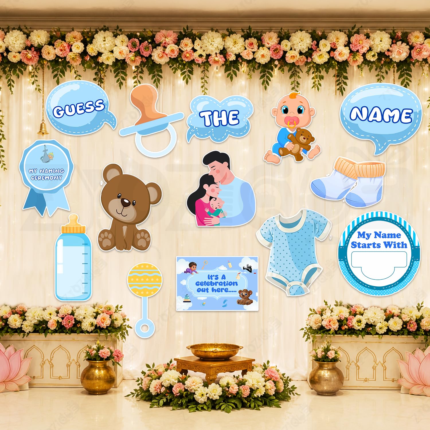 Zyozique Baby Naming Ceremony Decorations Kit, Blue Theme, Photo Booth Props Set,Naming Ceremony Photo Booth Set, Decorations fo