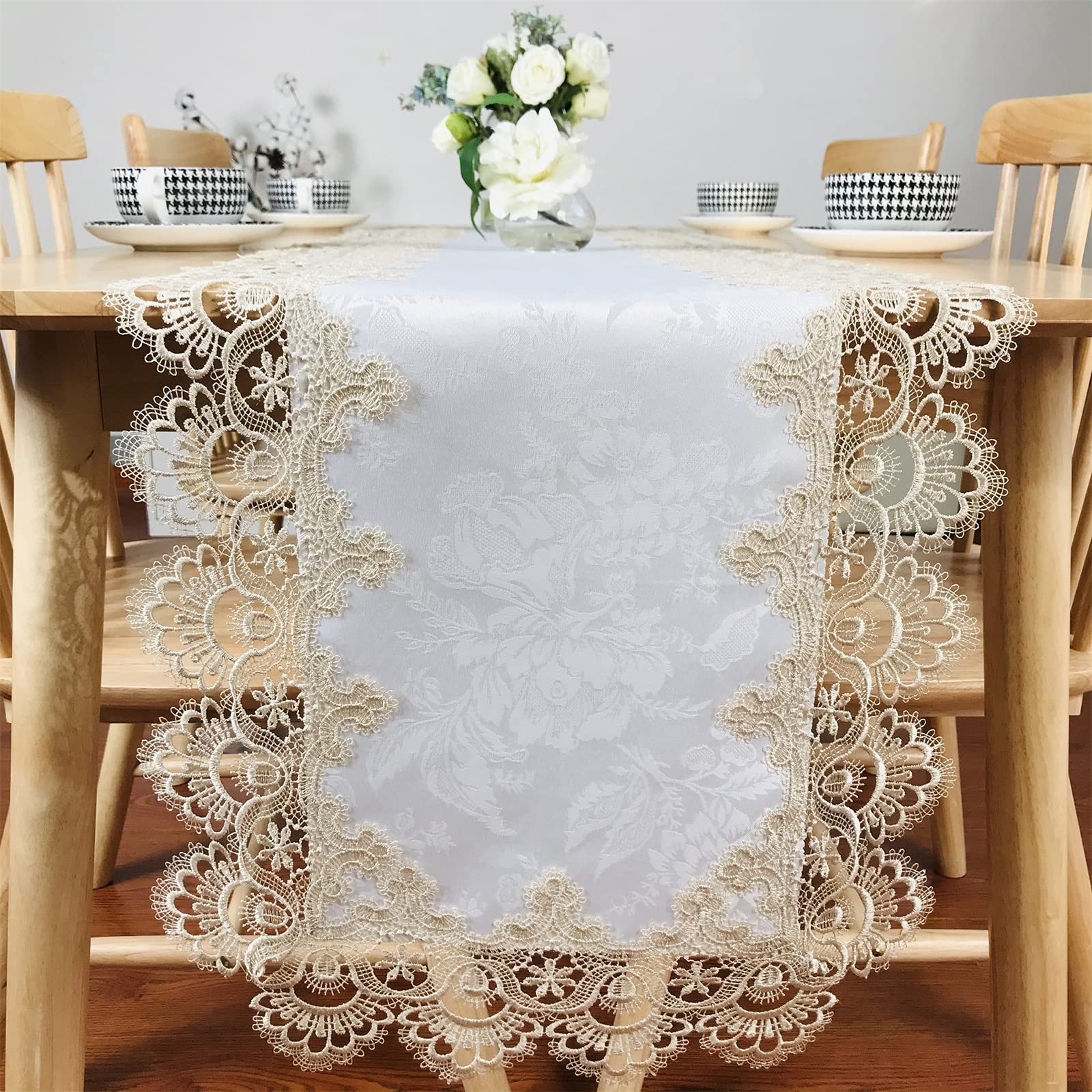 Breksdat Rectangle Table Runner Beige Embroidered Lace 16 X 70 Inches Wedding Dining Table Dresser Scarf With Carnation Lace Fab