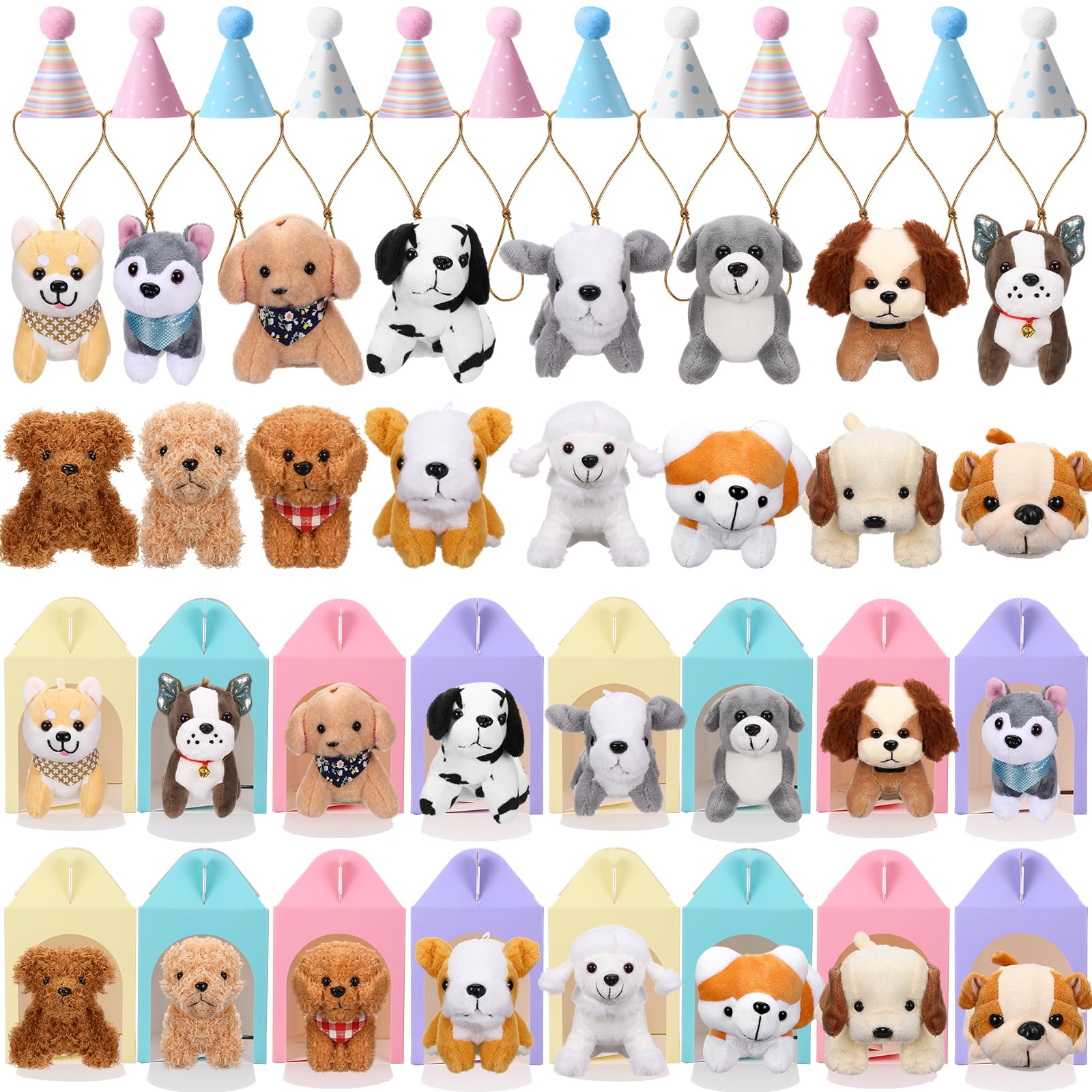 Patelai 48 Pcs Adopt a Puppy Party Favors,16 Small Stuffed Puppy Bulk 16 Cute Birthday Mini Hats 16 Colorful Kraft Paper Boxes M
