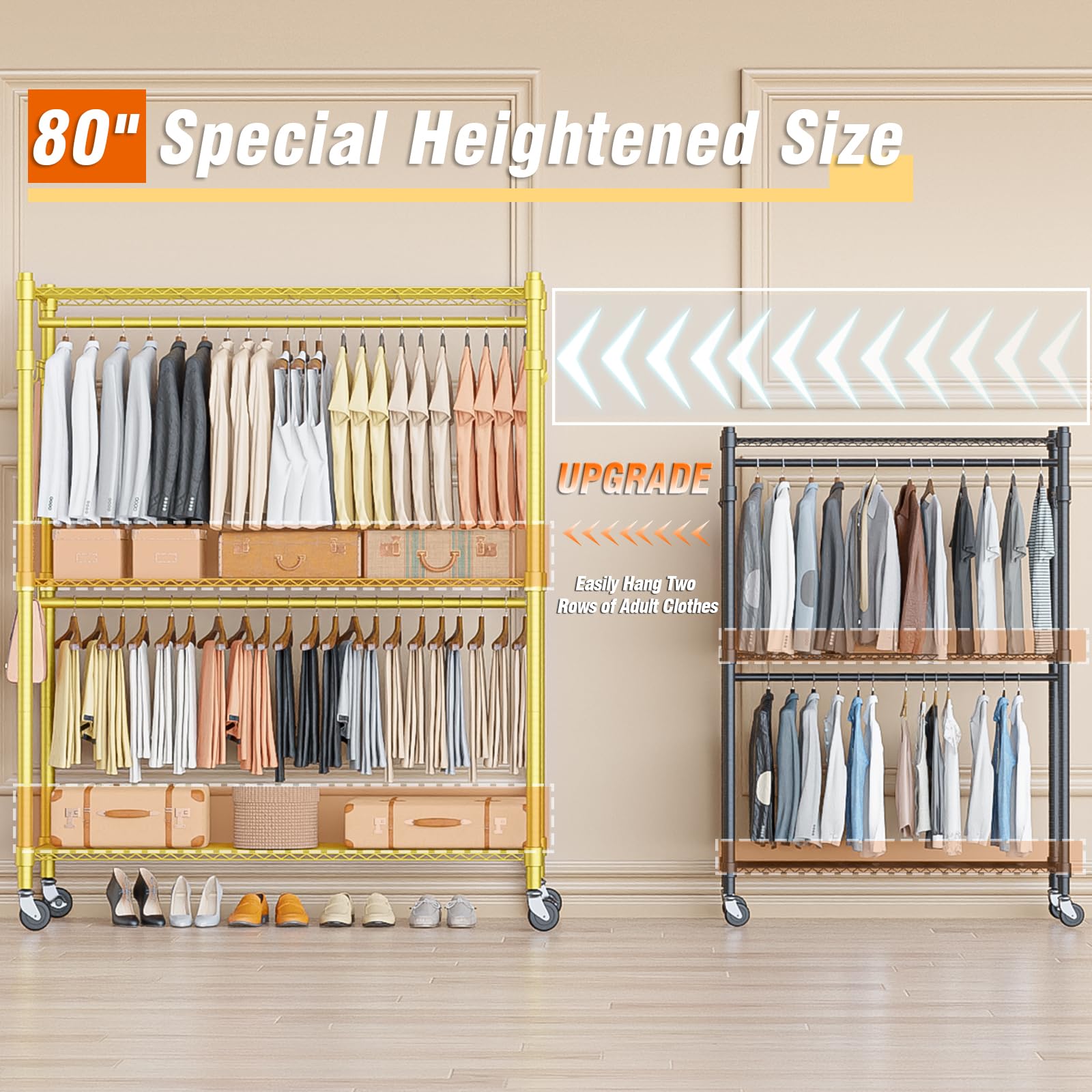 Homdox Rolling Garment Rack With Adjustable Wire Storage Racks, Heavy Duty Portable Closet For Hanging Clothes, Freestanding Clo