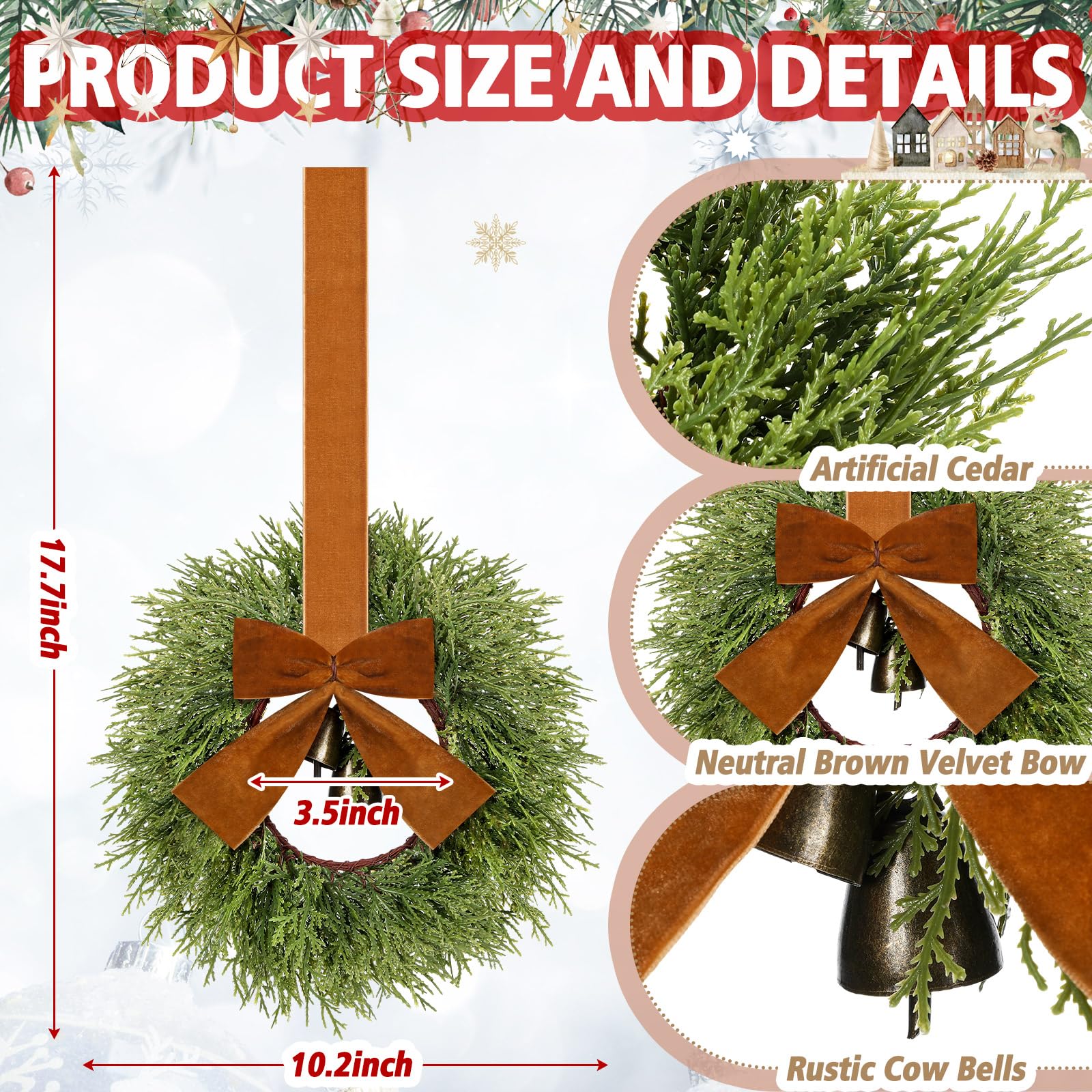 Suncalla 4 Pcs Small Christmas Wreaths for Cabinets 10.2 Inch Mini Cedar Wreaths with Vintage Rustic Cow Bell and Brown Velvet R