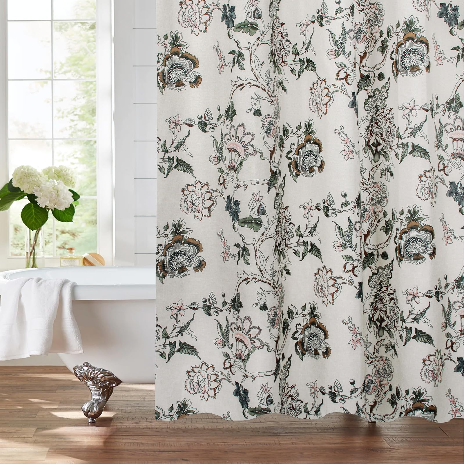 Vintage Floral Linen Shower Curtain - Neutrall Traditional Floral Branches Print Patternl In Sage And Brown ,Botanical Boho Show