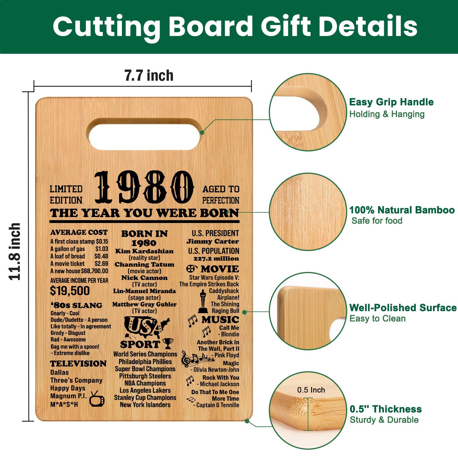 45th Birthday Gifts for Women Men, 1980 Cutting Board 45th Birthday Gifts for Her Him, Happy Birthday 45 Years Old Gifts 45th Bi