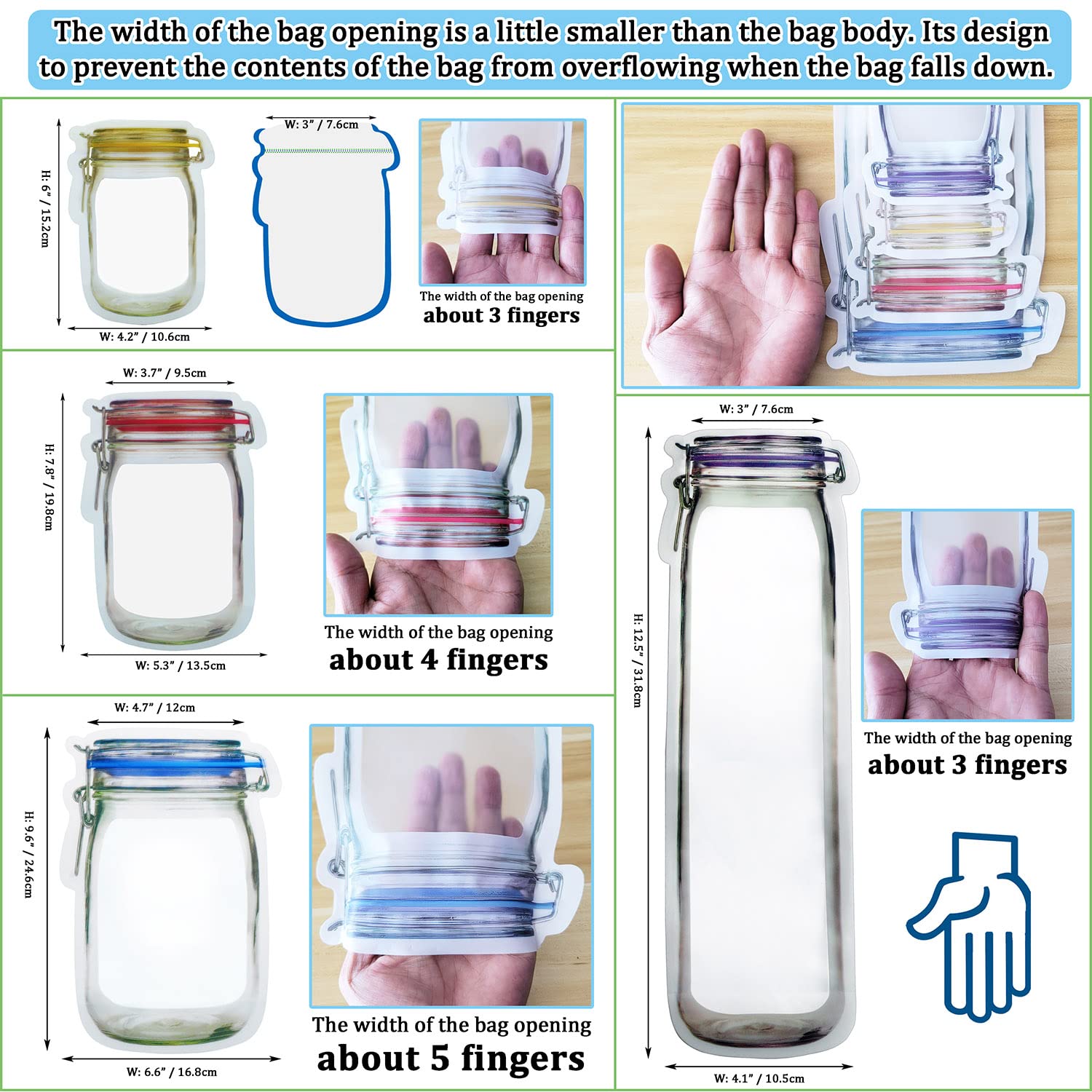 Laffeya Candy Snacks Bag, Mason Jar Bags, 20 Pack 1000Ml 9.6X6.6Inch Reusable Bags, Reusable Bags Food Snack Storage Bag, Leakpr