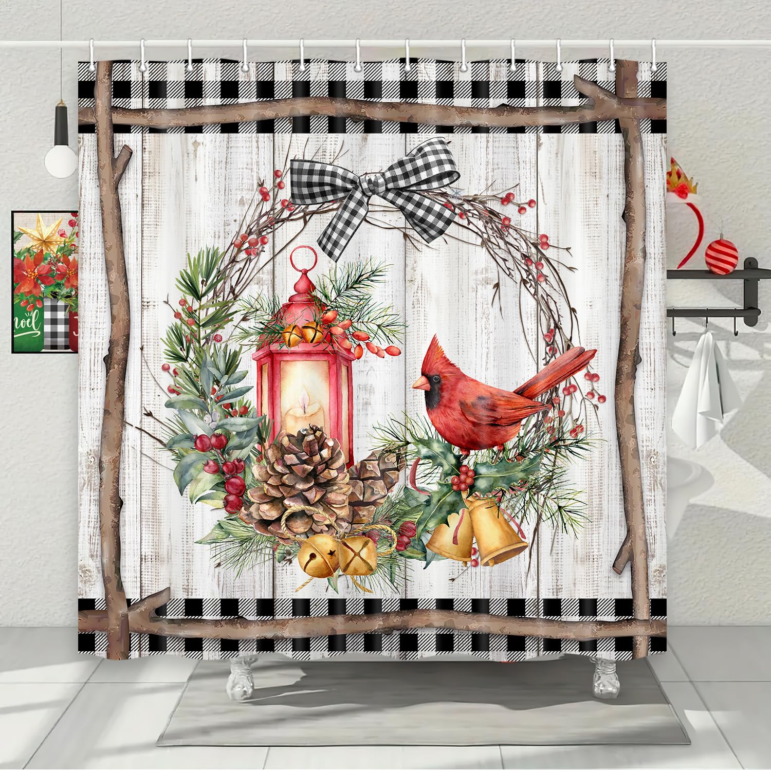 Wathon Rustic Snow Forest Shower Curtain, Snowy Teal Green Countryside Landscape Bath Curtain Christmas Pine Tree Cardinal Deer