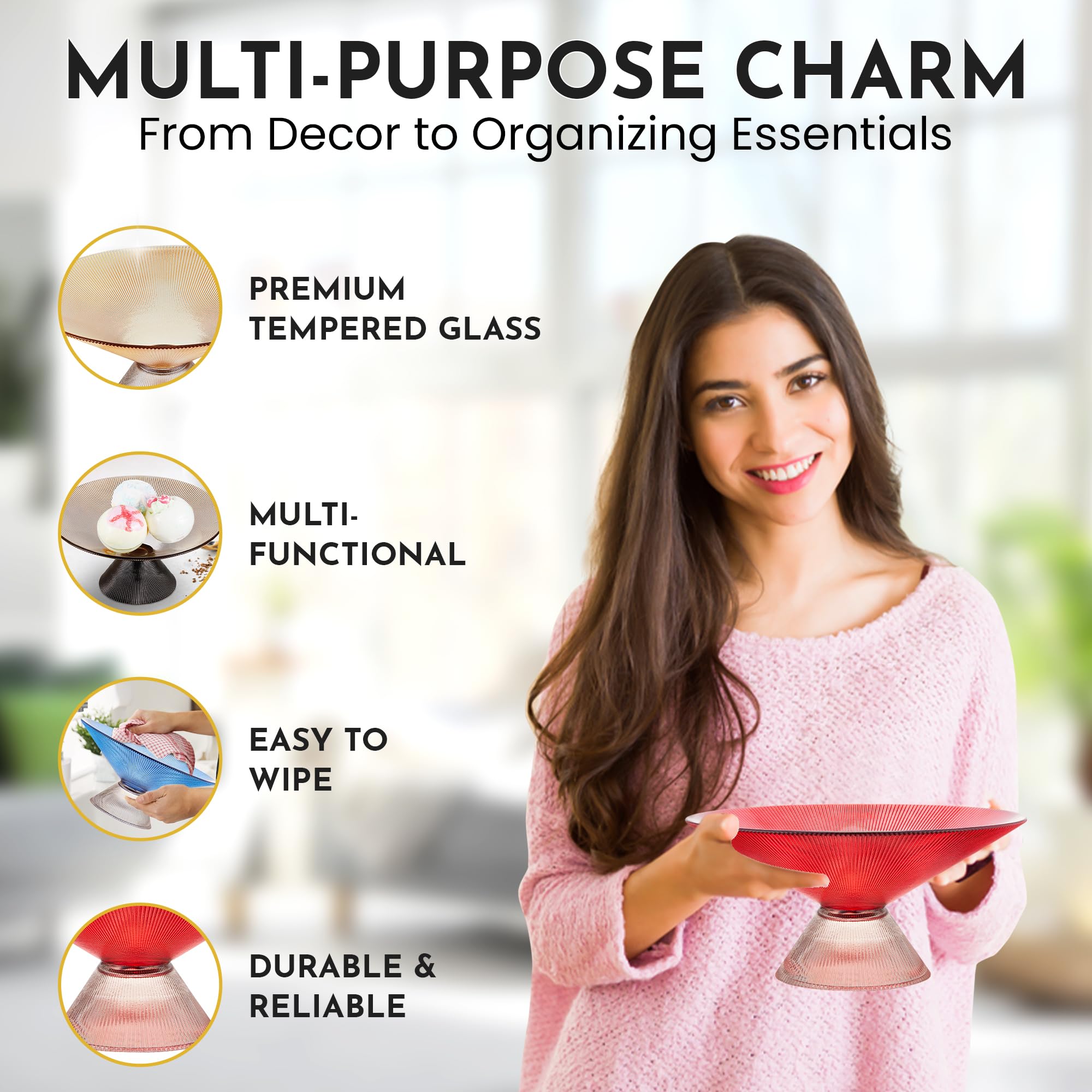 SPRINGBOW Fruit Bowl - 10    Red Glass Bowl/Decorative Bowl with Ripple Pedestal - Purse bowl, Decorative Bowls for Home D  cor,