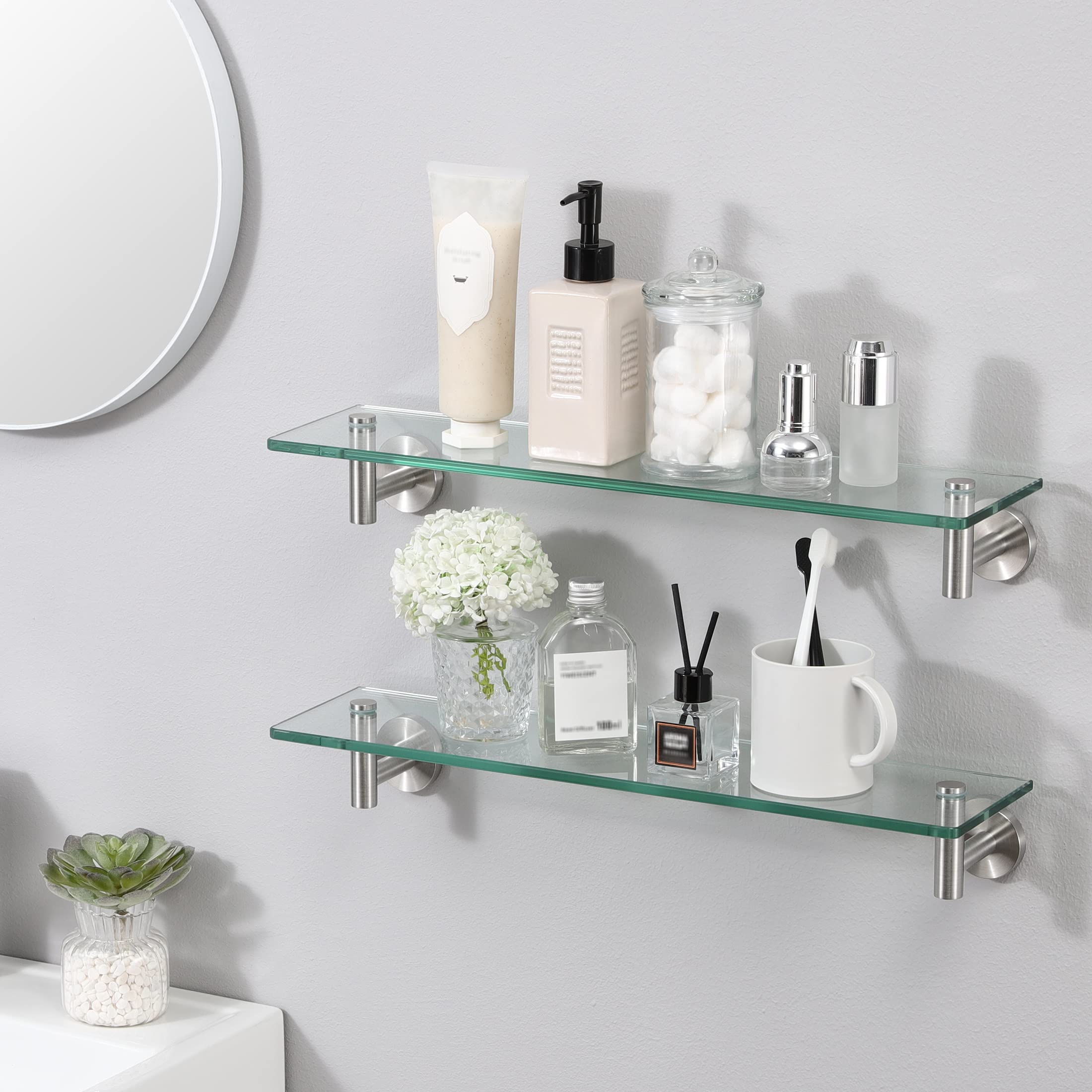 Kes Bathroom Glass Shelf Rectangular 20-Inch Floating Glass Shelves 2 Pack With Rustproof Stainless Steel Brackets Wall Mounted