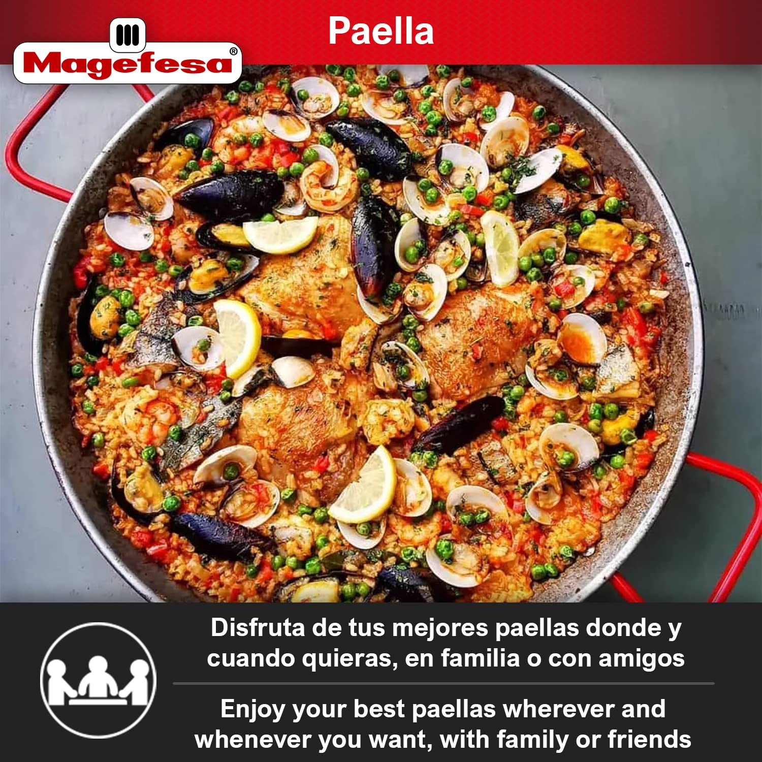 Magefesa Carbon - Paella Pan 17 In - 42 Cm For 10 Servings, Made In Carbon Steel, With Dimples For Greater Resistance And Lightn