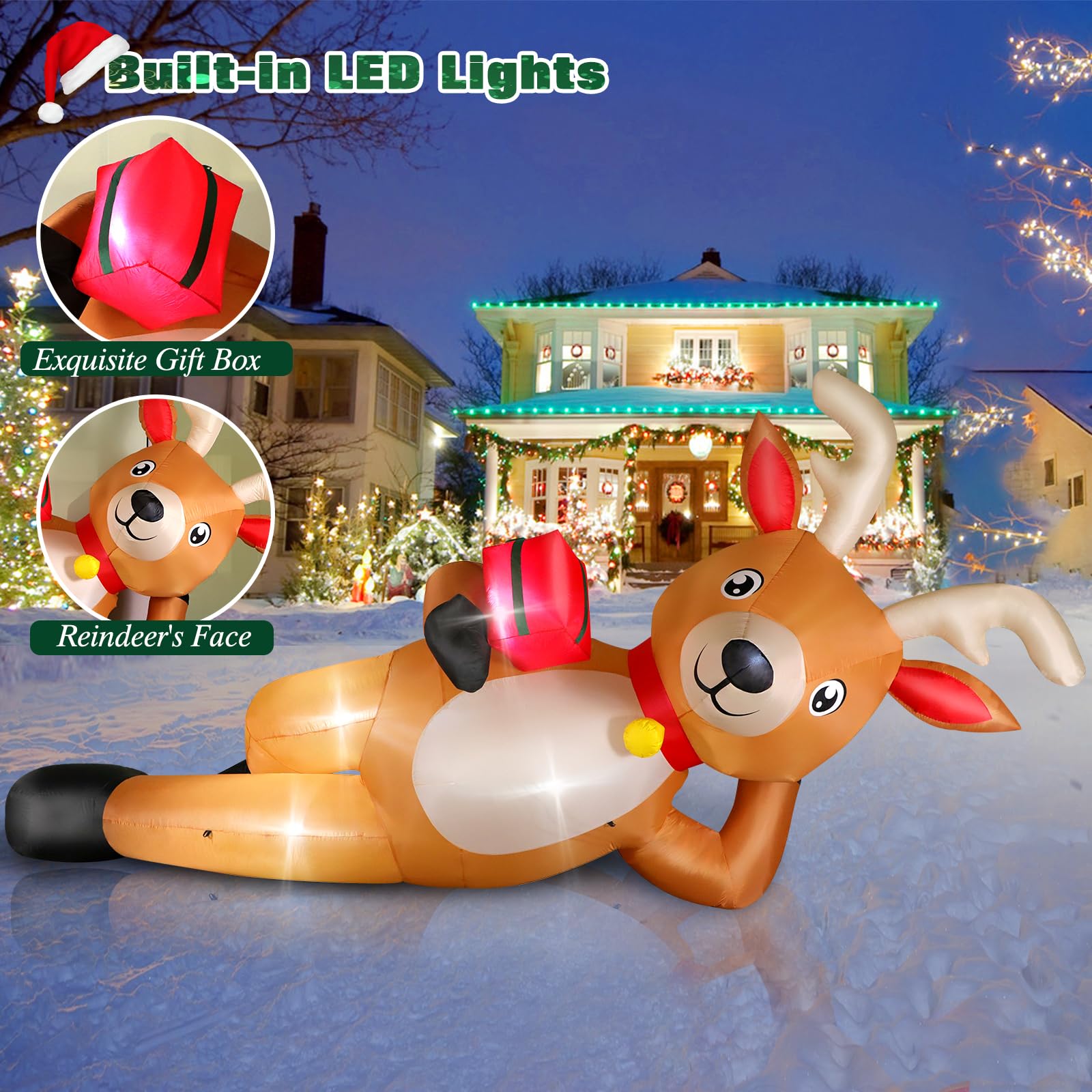 12 FT Giant Christmas Inflatable Reindeer Outdoor Decorations, Large Blow Up Reindeer with Gift Box Decor, Built-in LED Lights,