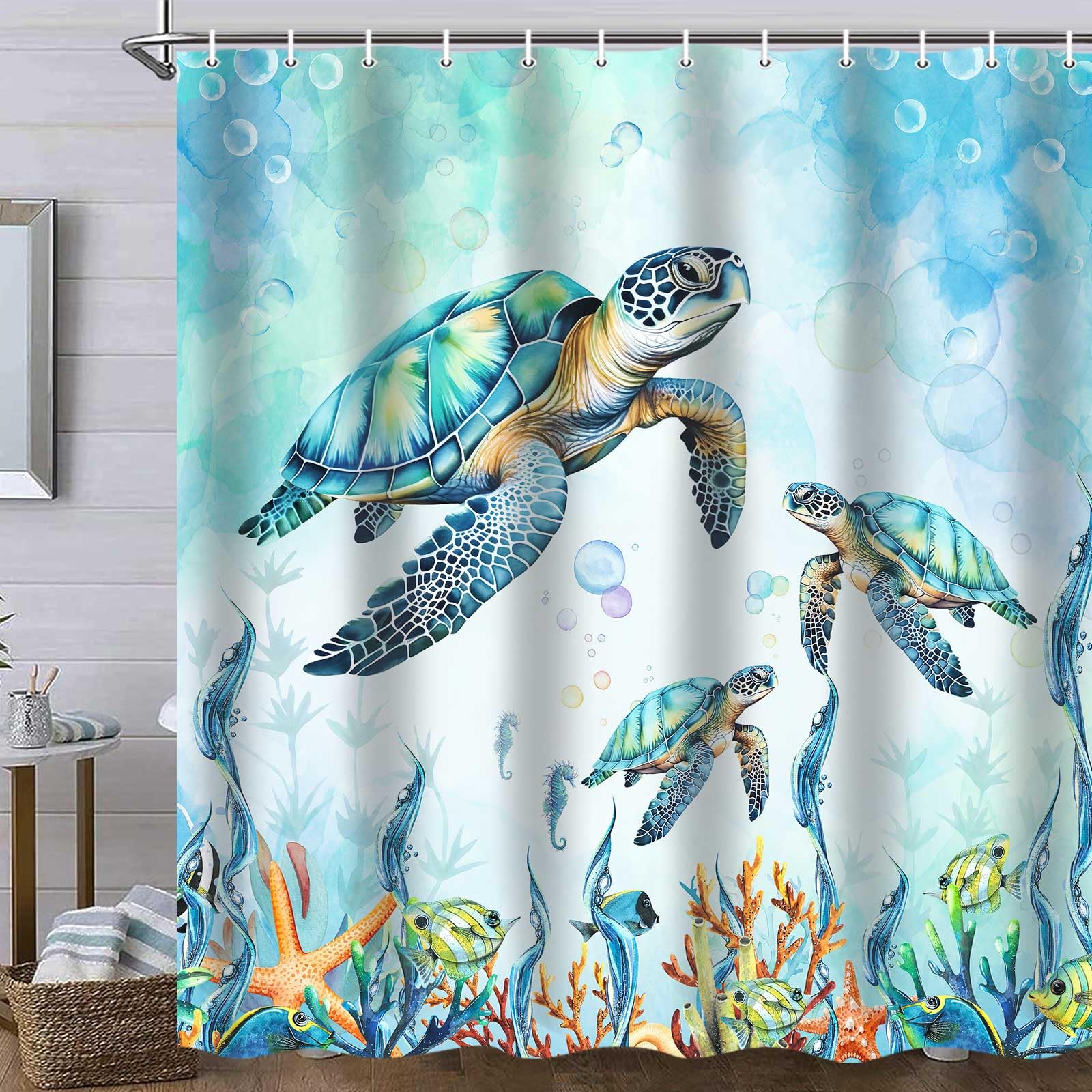 Merchr Sea Turtle Shower Curtain Coastal Beach Decoration Nautical Shower Curtains For Bathroom, Blue Ocean Teal Fabric Bath Cur
