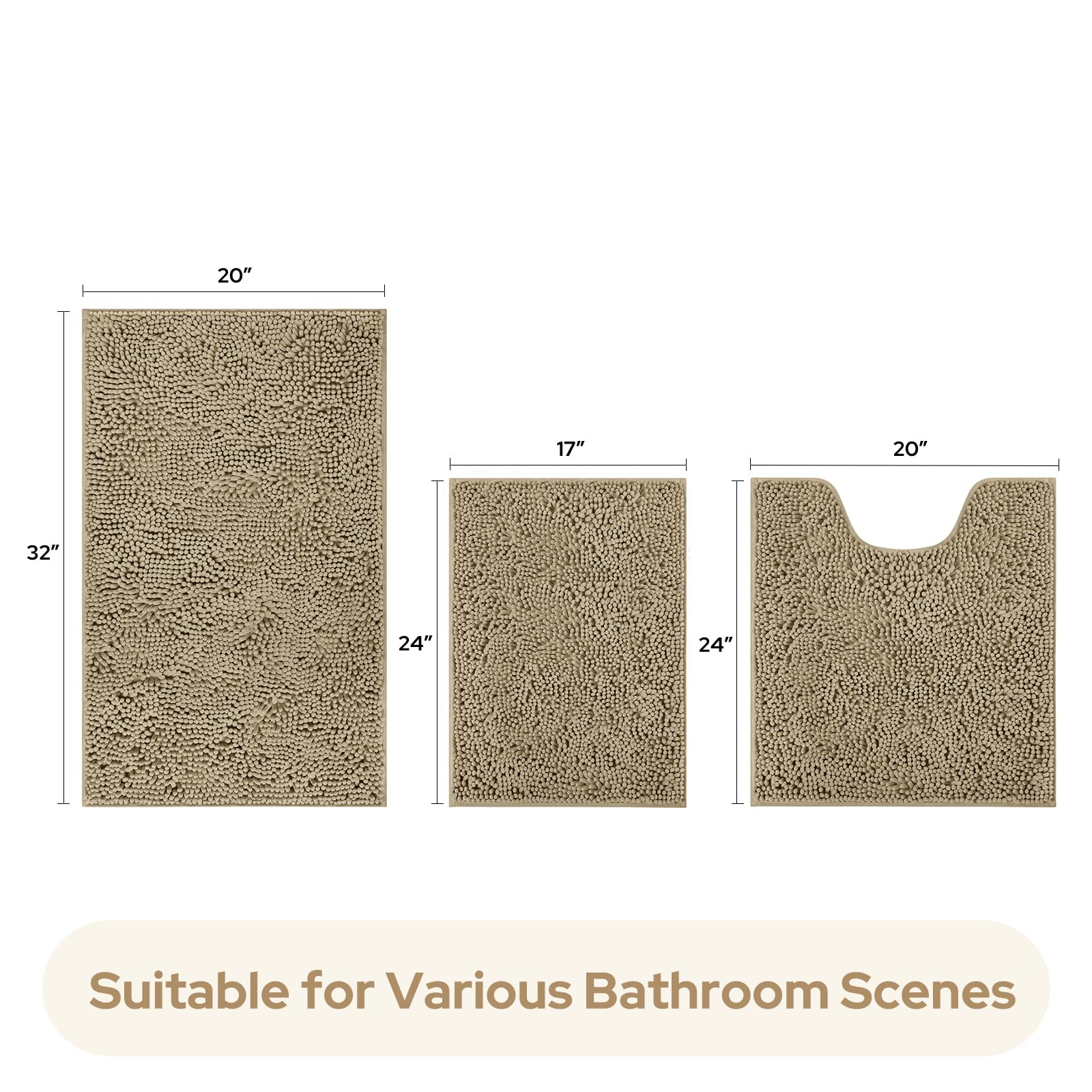 HOMEIDEAS 3 Pieces Bathroom Rugs  Ultra Soft Non Slip Absorbent Chenille Toilet Bath Mat Set (Taupe)