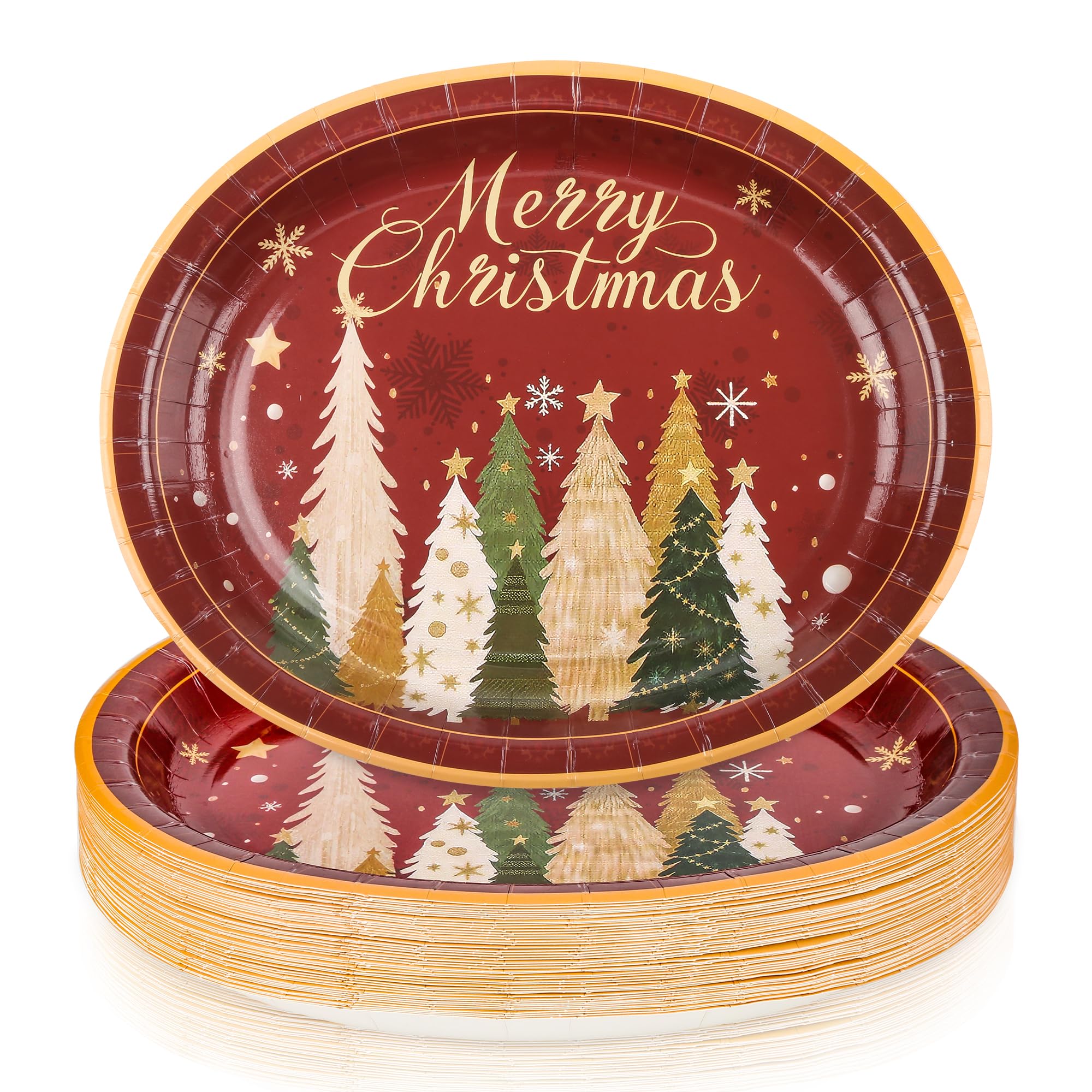 Purhapfre 50Pcs Christmas Paper Plates Christmas Tree Oval Plates Heavy Duty Holiday Large Disposable Oval Party Plates Xmas Din