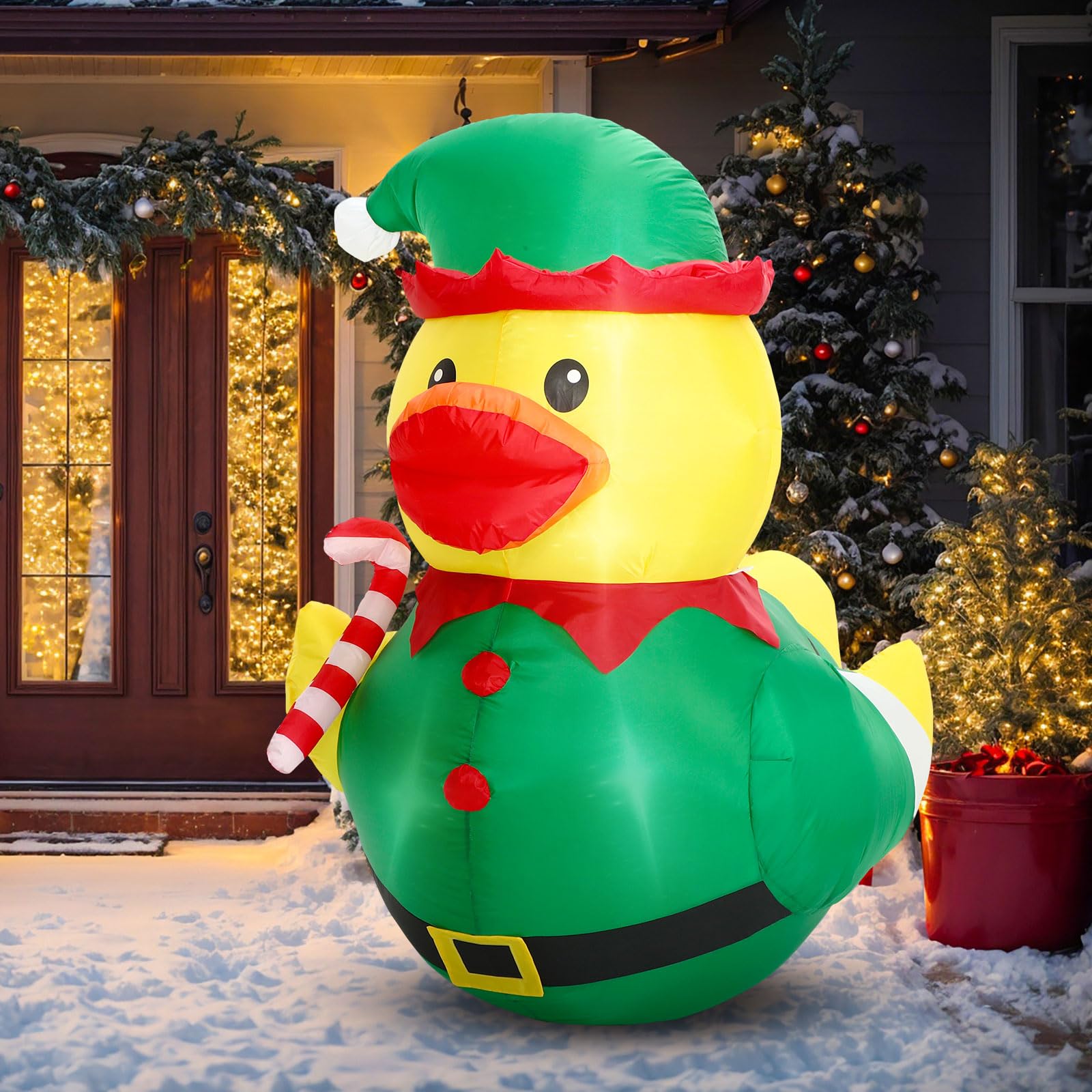 Leyndo 5FT Christmas Inflatables Decoration Outdoor Giant Christmas Elf Duck Inflatables Blow Up Duck with Build-in LEDs Lights