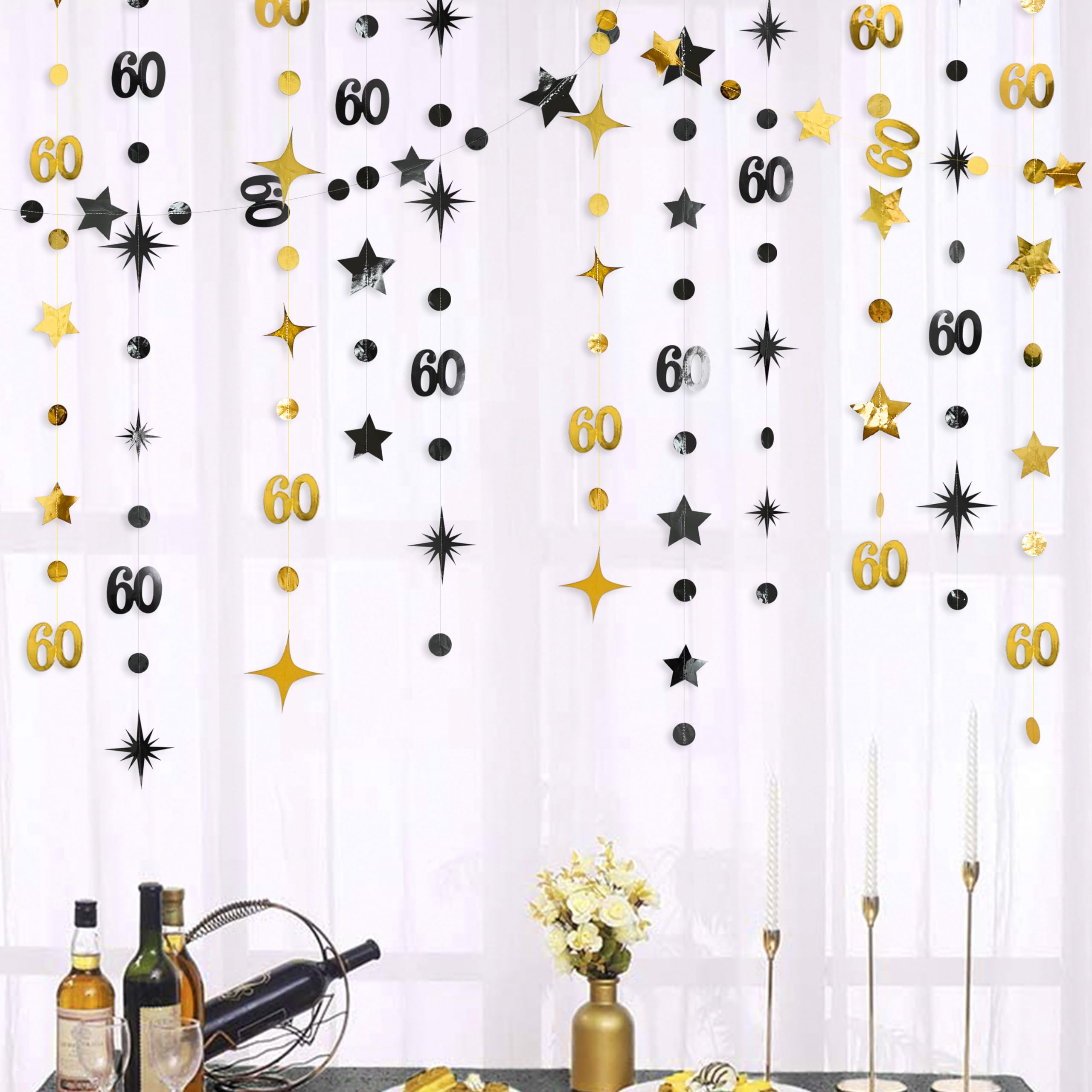 Black Gold 60Th Birthday Decorations Number 60 Circle Dot Twinkle Star Garland Metallic Streamer Bunting Banner Backdrop For Men