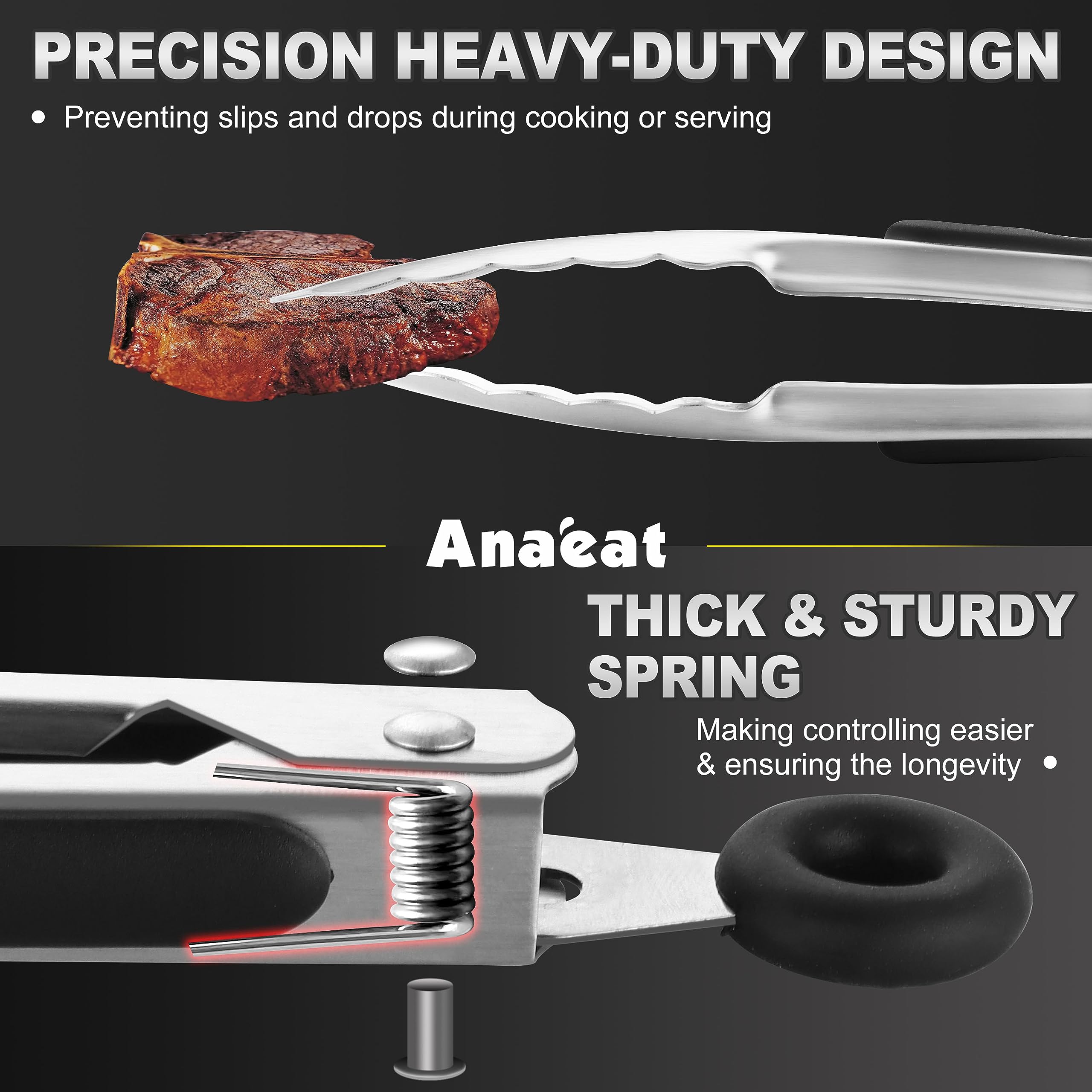 Anaeat Stainless Steel Locking Tong Set Of 3 - Premium 7, 9 And 12 Inch Kitchen Food Tongs With Non-Slip Silicone Tips And Grip