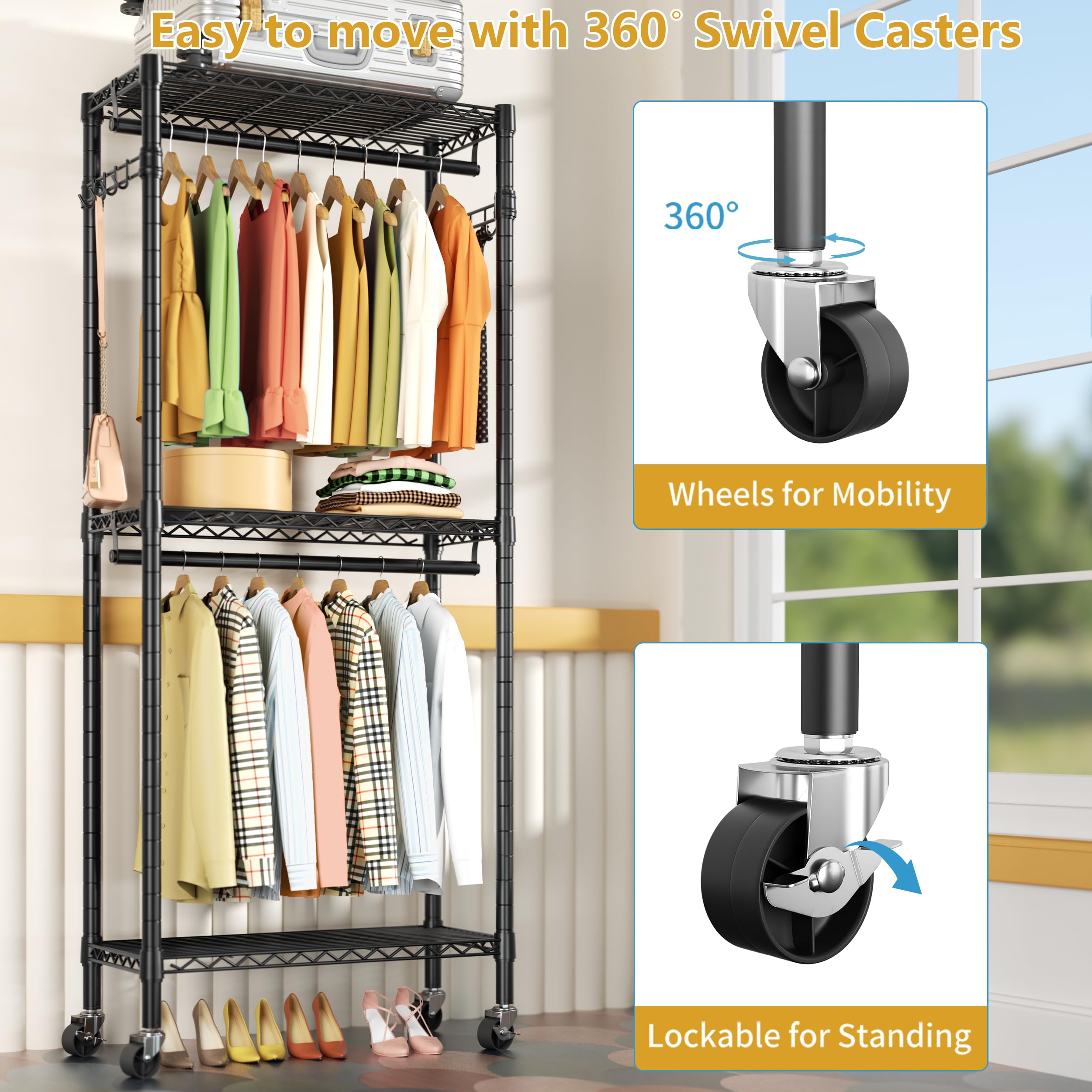 Heavy Duty Clothes Rack Rolling Garment Rack,3 Tier Adjustable Wire Shelving Clothing Racks For Hanging Clothes With Double Rods