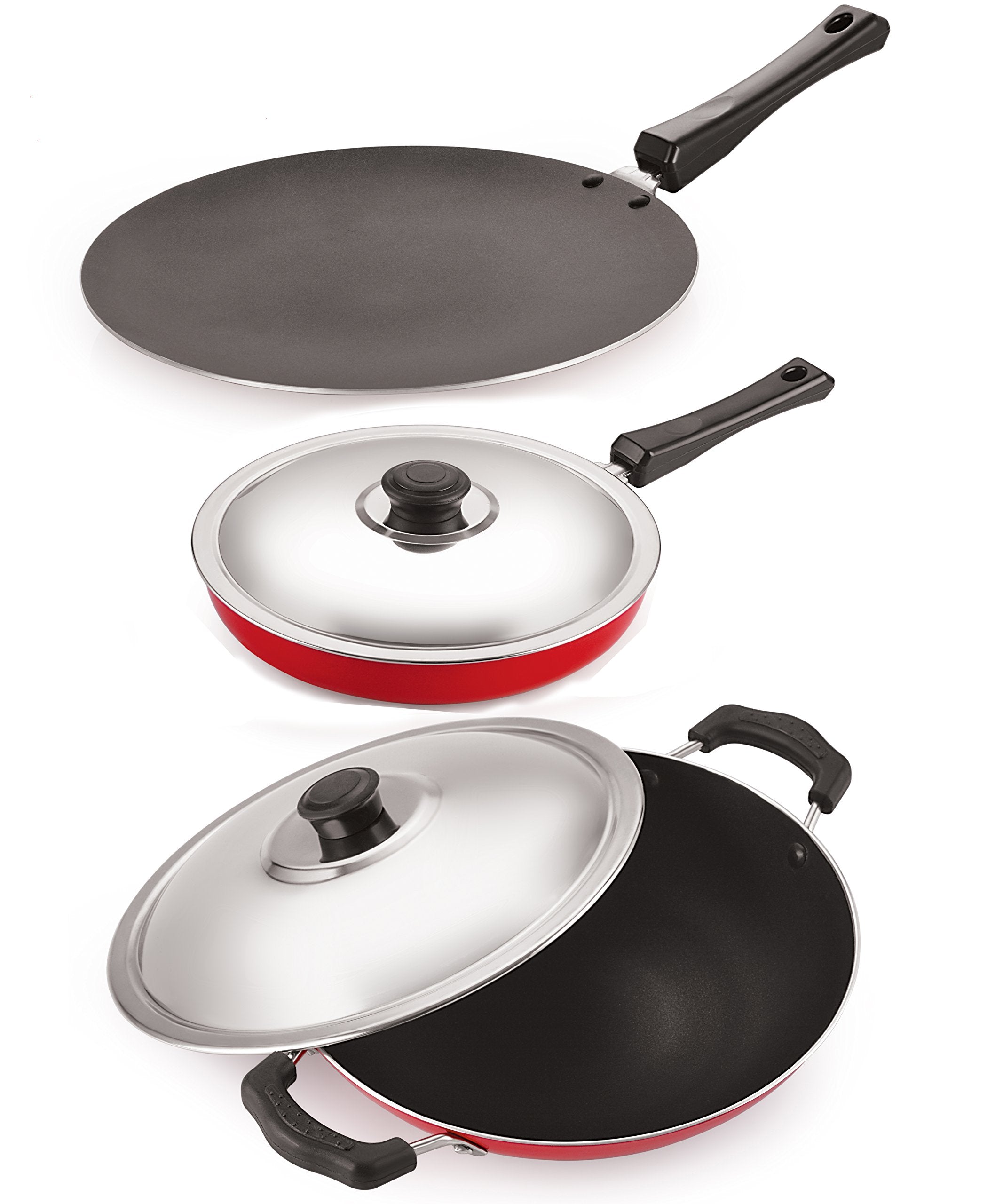 Nirlon Cookware 3 Layer NonStick Combo Set Chapati/Roti/Concave Tawa 28.5 Cm, Fry Pan With Steel Lid 2.25 Ltr, Appa Chatti 22 C