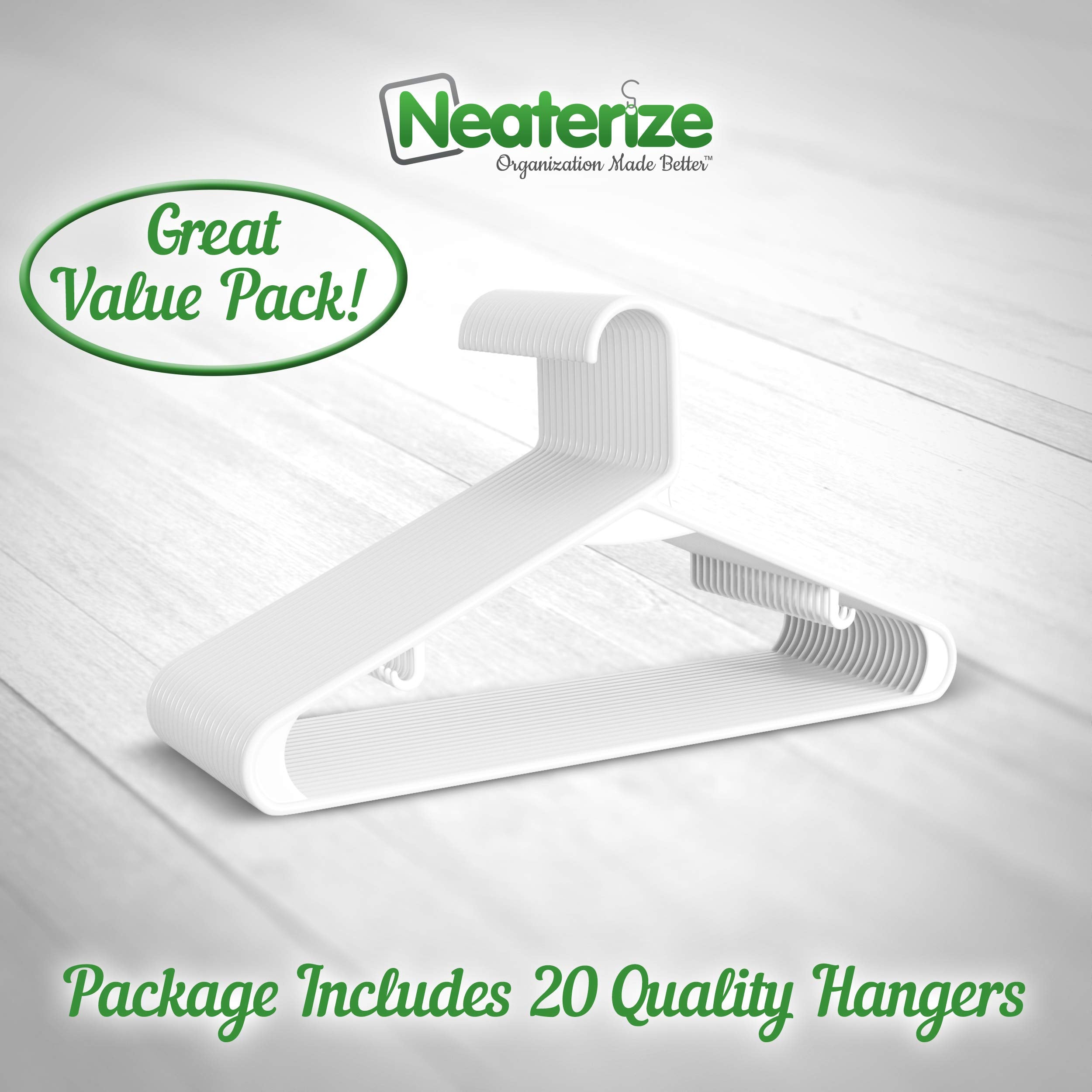 Plastic Clothes Hangers White - Heavy Duty Durable Coat and Clothes Hangers | Vibrant Color Hangers | Lightweight Space Saving Laundry Hangers (20 Pack - White)