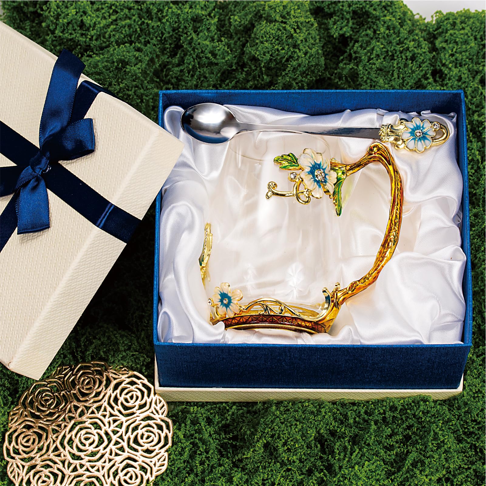 AISVELDY Flower Tea Cup,Butterfly Daisy Glass Fancy Coffee Mug with Spoon,Gift Box for Her Mom Wife Grandma Girls Friends Valent