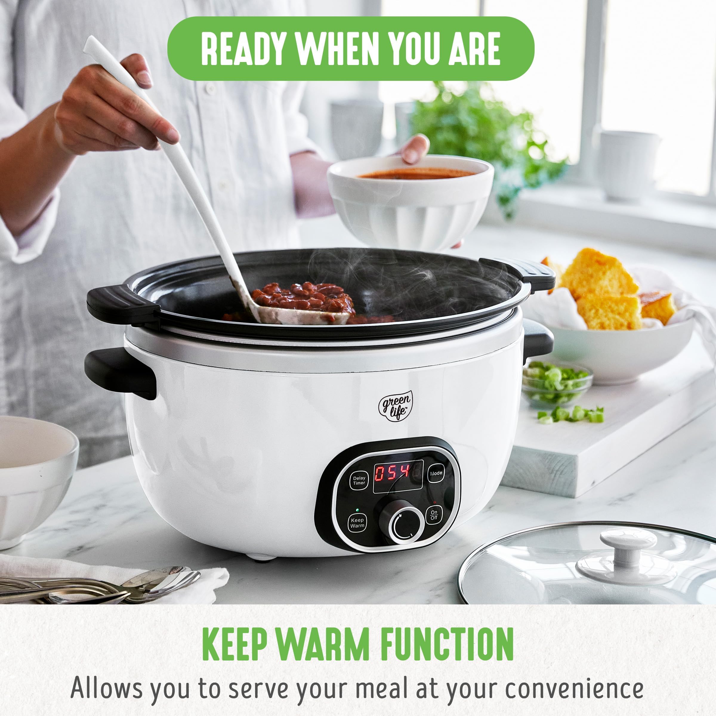 GreenLife 6QT Slow Cooker, PFAS-Free Ceramic Nonstick, Programmable, White, Model CC004774-001, Dishwasher Safe, Keep Warm Feature