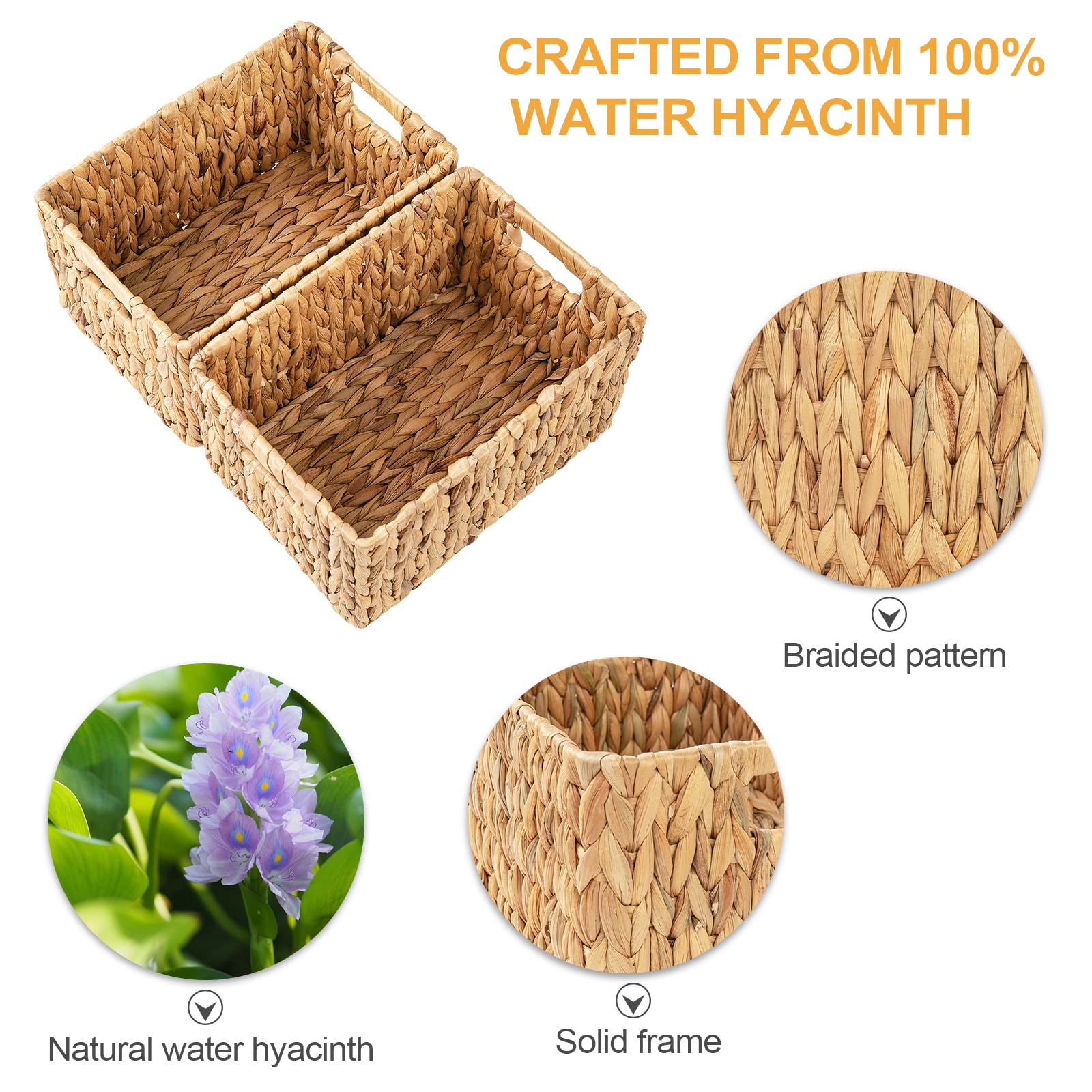 Elong Home Water Hyacinth Wicker Baskets, Rectangular 12'' Wicker Basket 2 Pack, Wicker Basket For Shelves, Woven Storage Basket