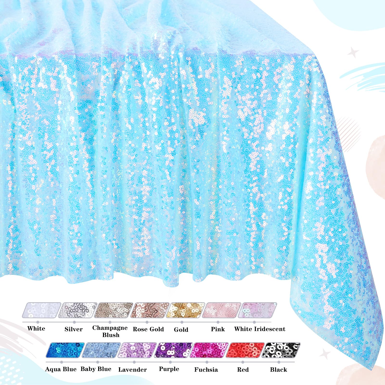 Queendream Iridescent Tablecloth Blue Sequin Table Cloth Overlay Glitter Mermaid Birthday Party Decorations 90X132 Inches