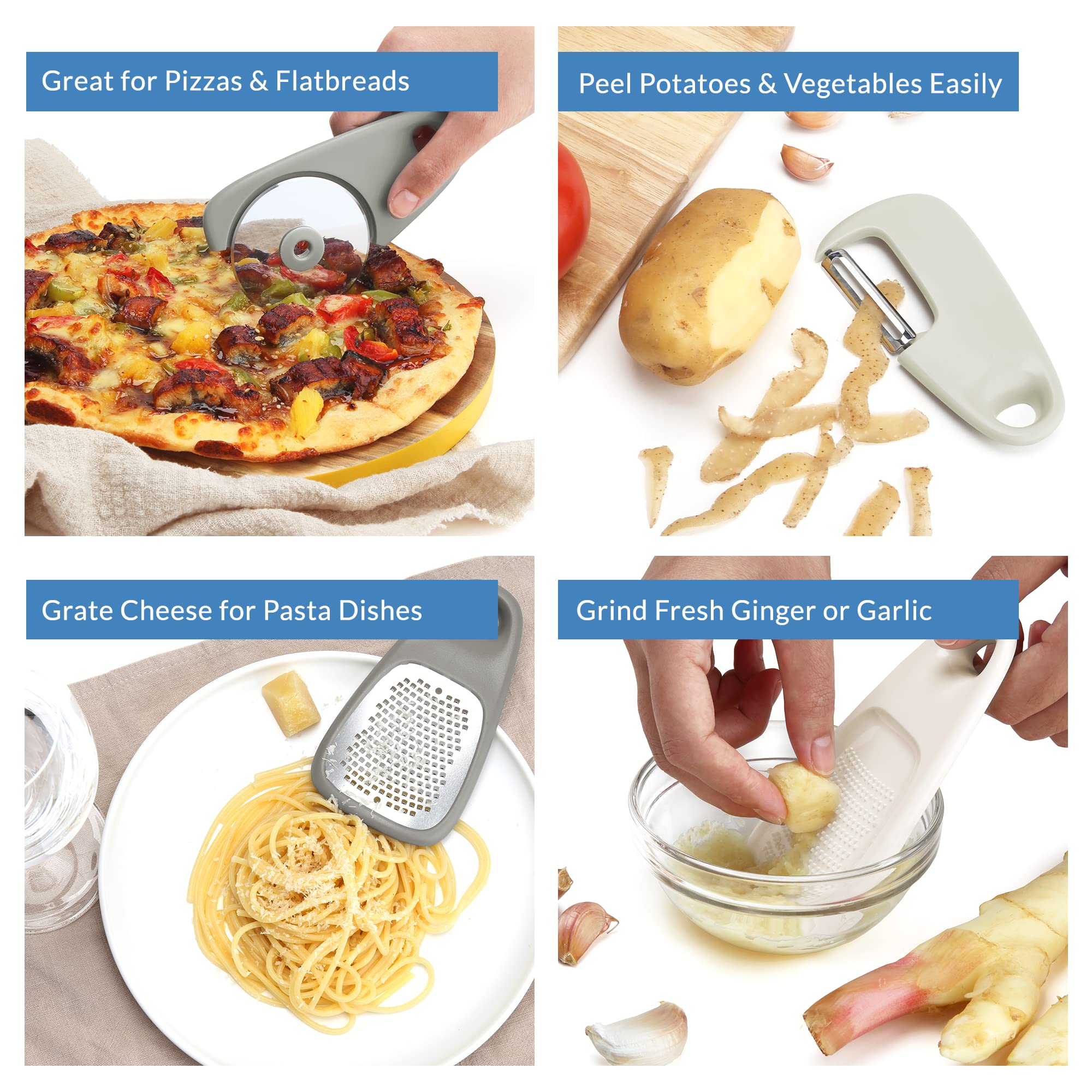 PortoFino Kitchen Gadgets Set - 5 Stainless Steel RV Accessories, Grey & White, Dishwasher Safe, Ideal Camper Gifts