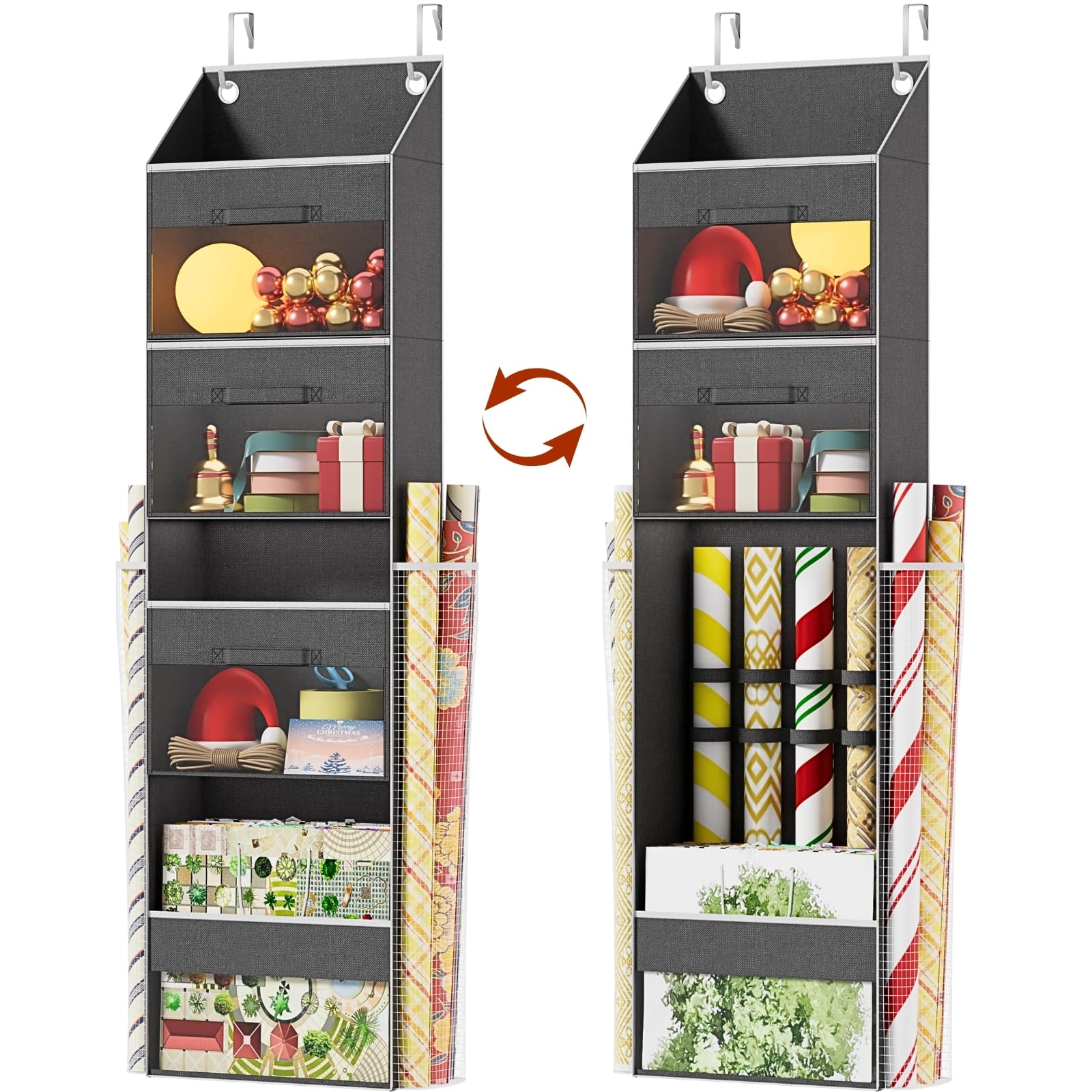 Over Door Wrapping Paper Organizer Storage with 3 Removable Drawers & Side Pockets - Dual Use Design with Elastic Straps - Chris