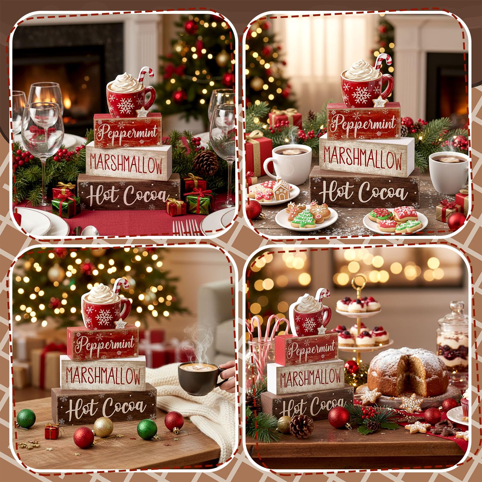 Moucuny 4 Pcs Christmas Table Decor Wooden Hot Cocoa Decoration Christmas Centerpiece Winter Tiered Tray Decor Decorative Red Ho