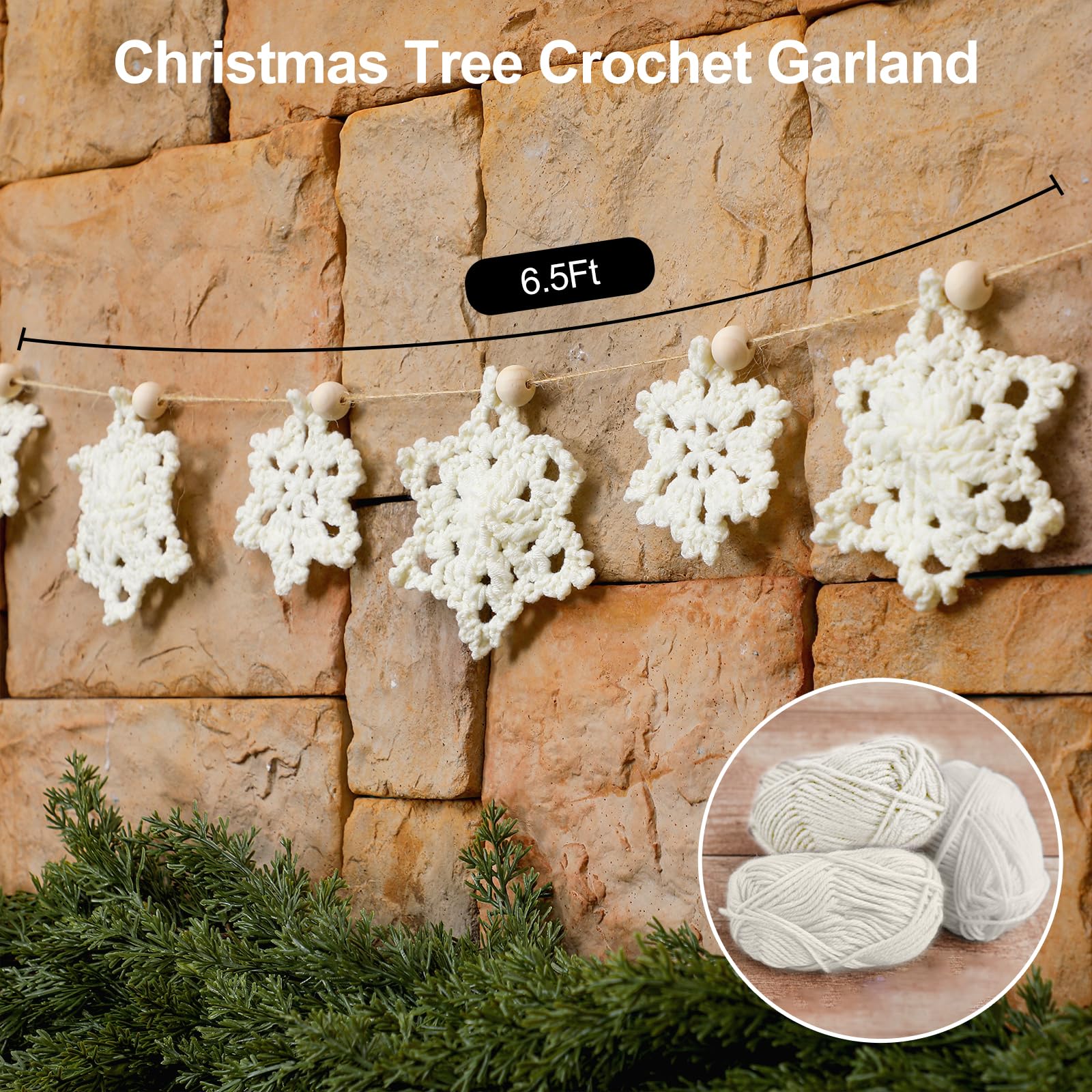 Tudomro Christmas Crochet Snowflake Garland 6.56ft Rustic Handmade Xmas Banner Snowflake Wooden Beads Farmhouse Hanging Decor fo