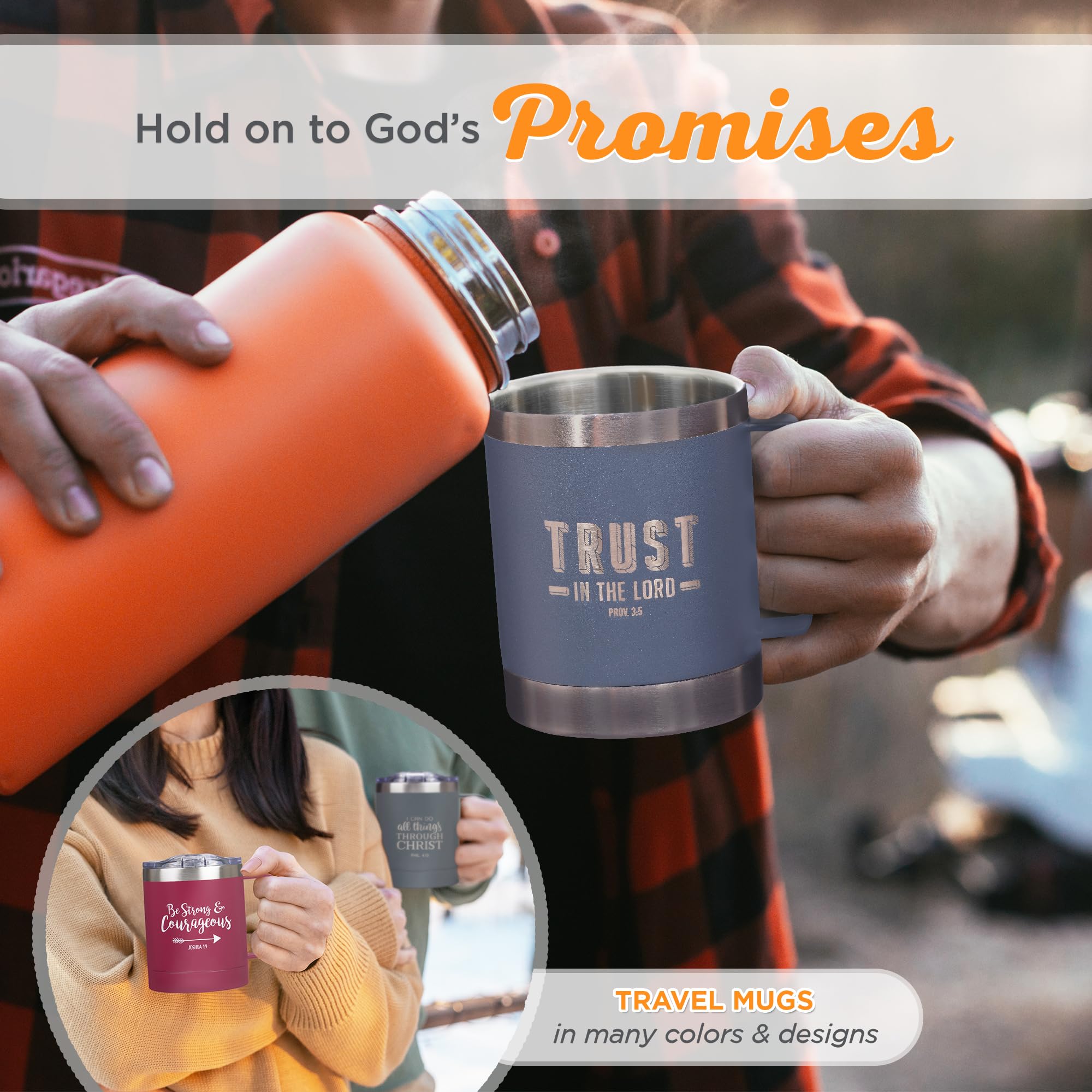 Christian Art Gifts Stainless Steel Double Wall Vacuum Insulated Camp Style Travel Mug 11 Oz Gray Coffee Mug With Retractable Li