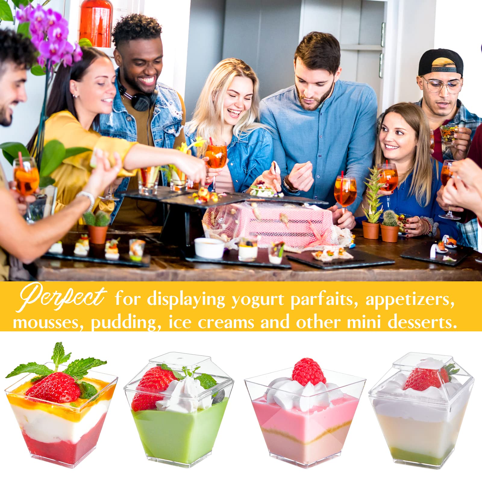 Qeirudu 50 Pack 3.5 Oz Mini Dessert Cups With Lids And Spoons - Parfait Cups With Lids Plastic Square Shooter Cups For Party App