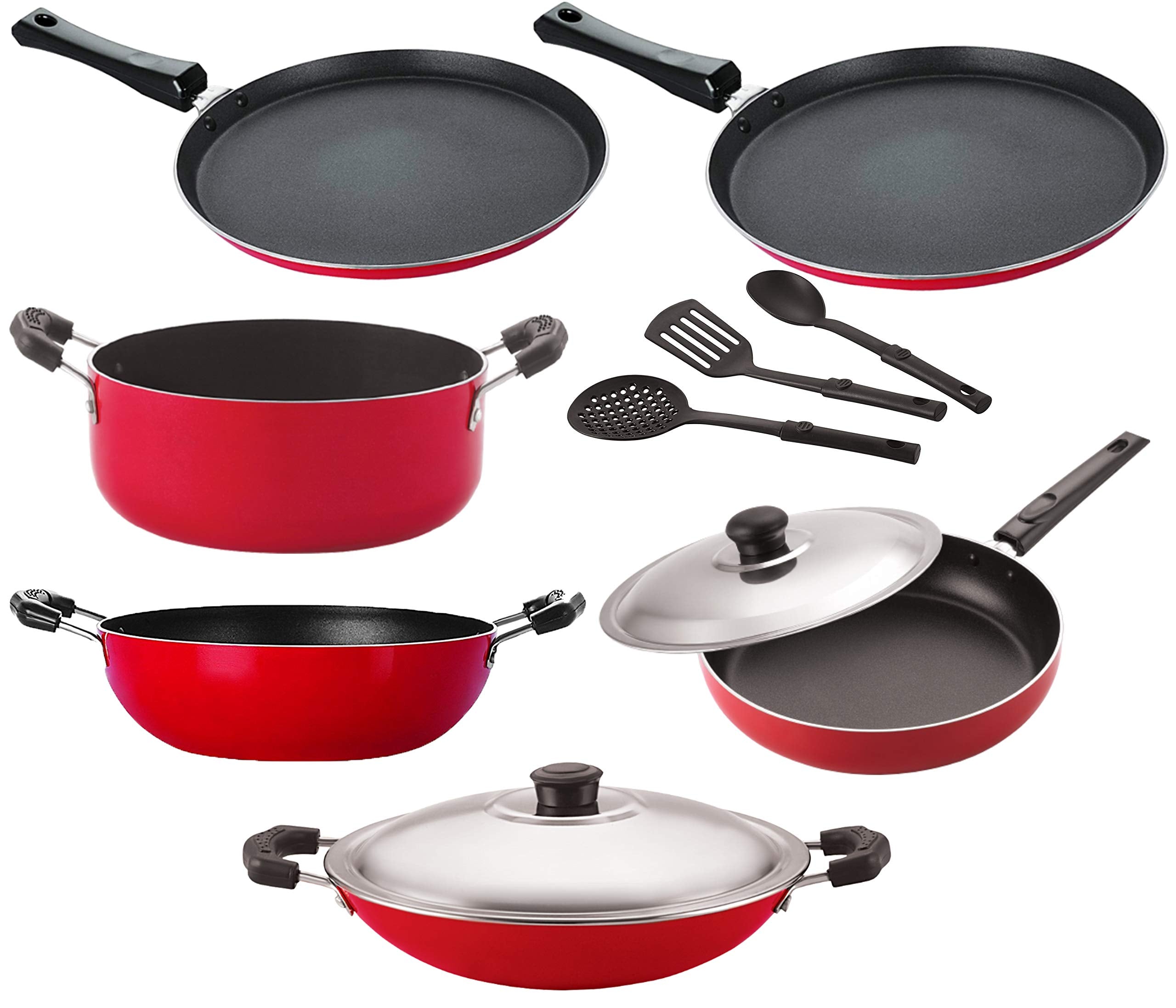 Nirlon Dishwasher Safe Non Stick Cookware Pots And Pans Set Of 9 Pieces (26_Ft12_Kd13_Ch_Ft10_Cass20_Fp12_3Spn)