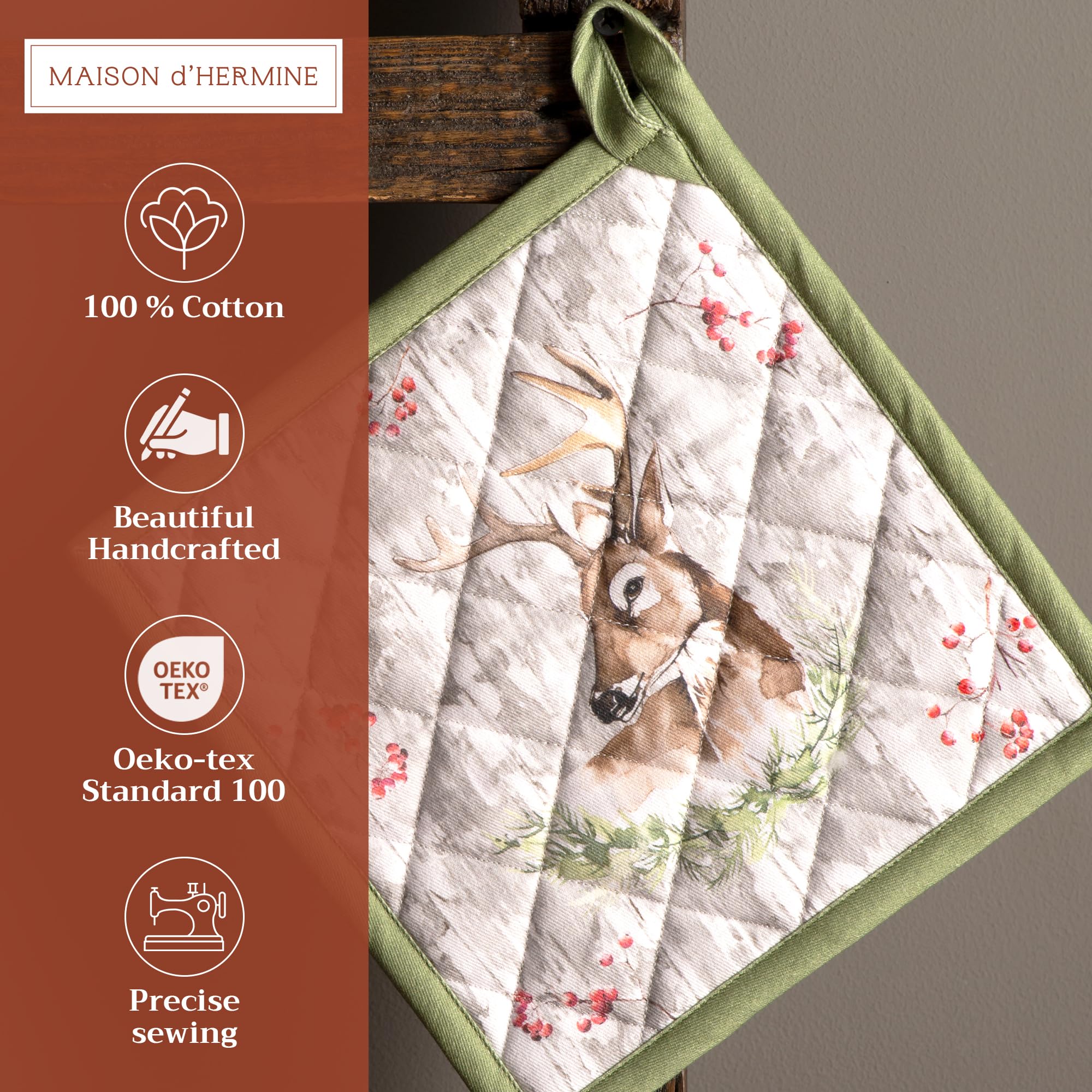 Maison d' Hermine Pot Holder 100% Cotton Heat Resistant Hot Pads with Loop Potholder for Gifts Baking Grilling  Handling Hot Pans  Mountain Life - Thanksgiving/Christmas (8 Inch x 8 Inch)