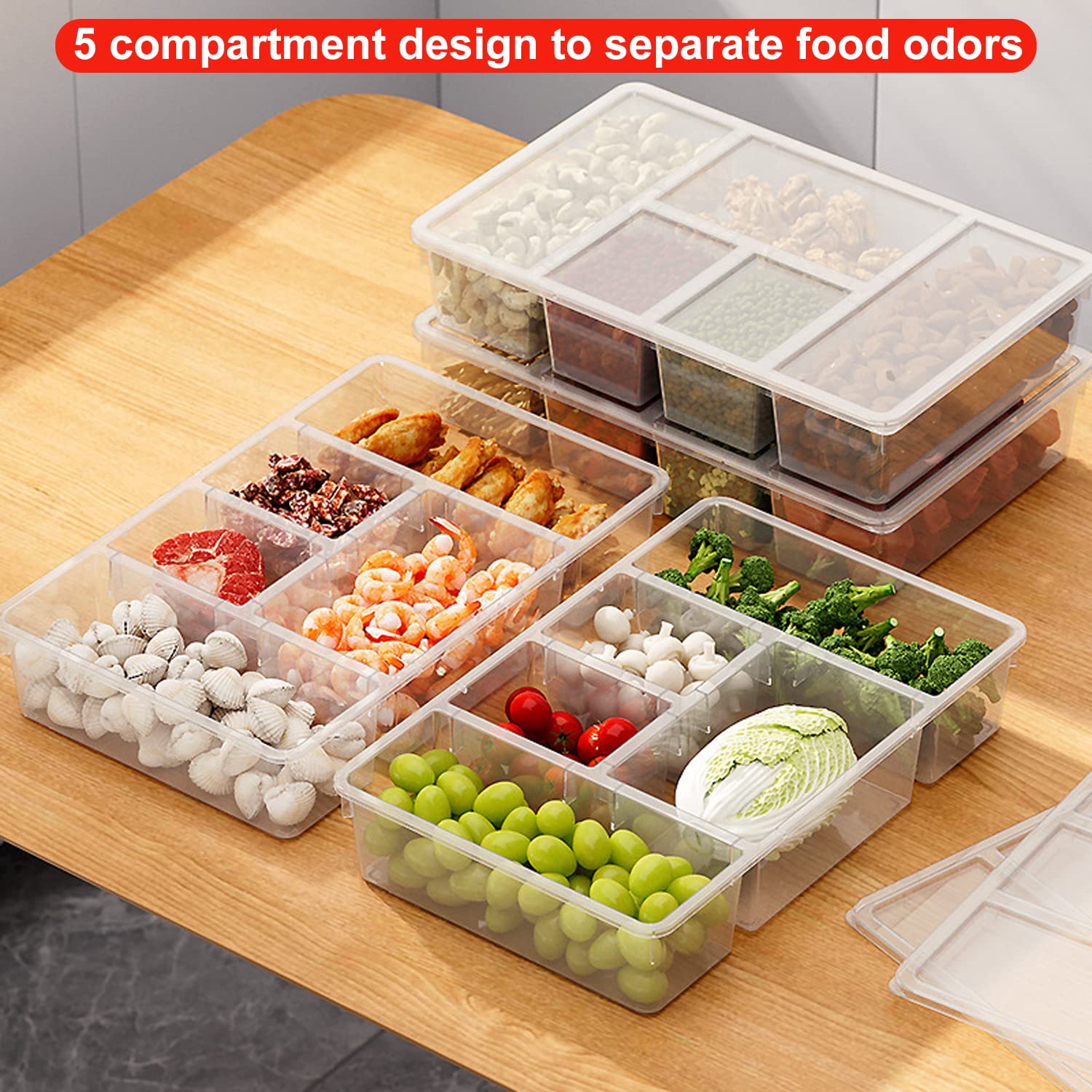 Taiuloo 2 Pack Divided Veggie Tray With Lid, 5 Compartment Snackle Box Container For Fridge, Clear Refrigerator Organizer Bins P