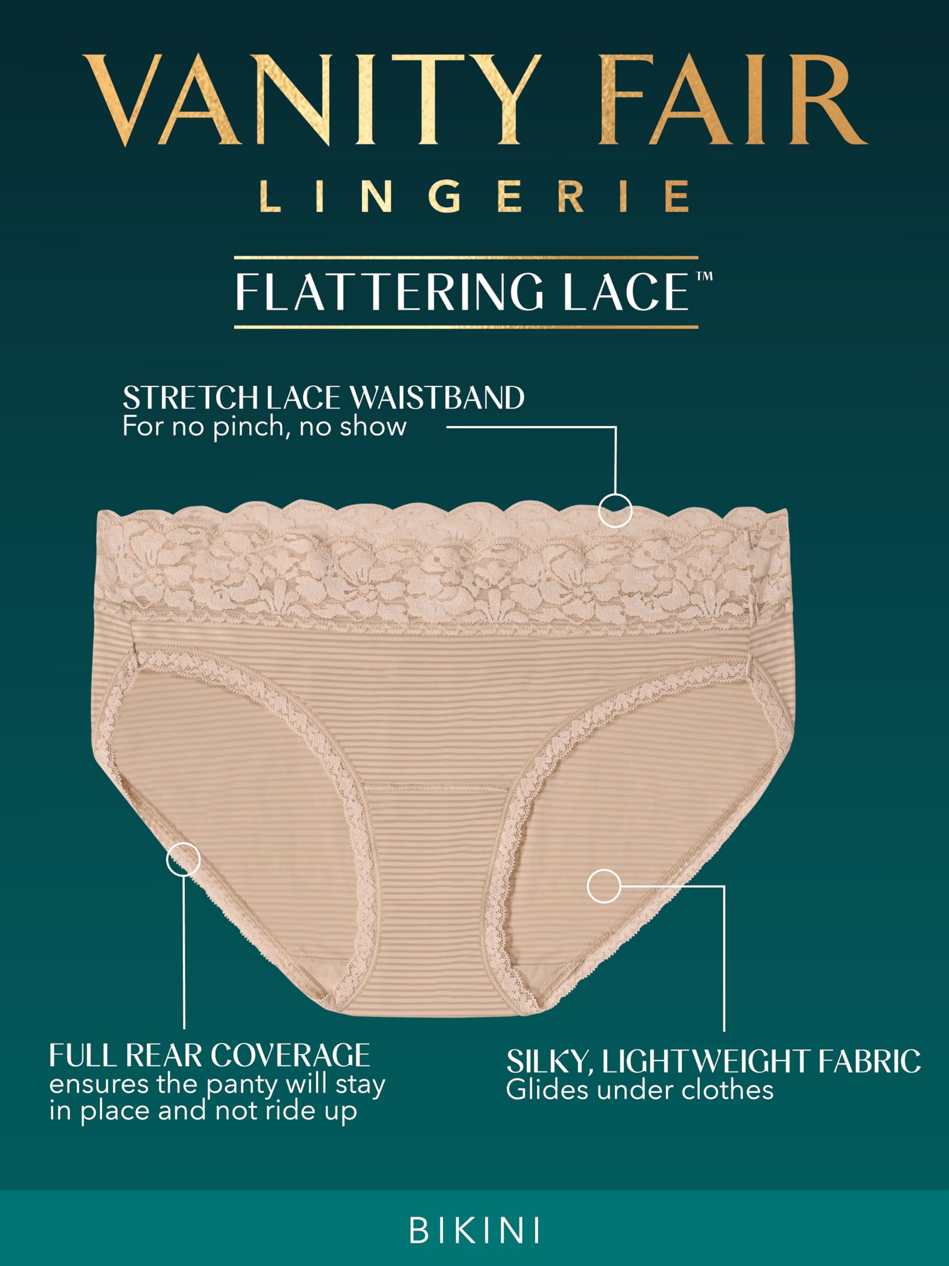 Vanity Fair Womens Flattering Lace Panties, Bikini-Toasted Coconut Stripe, 5