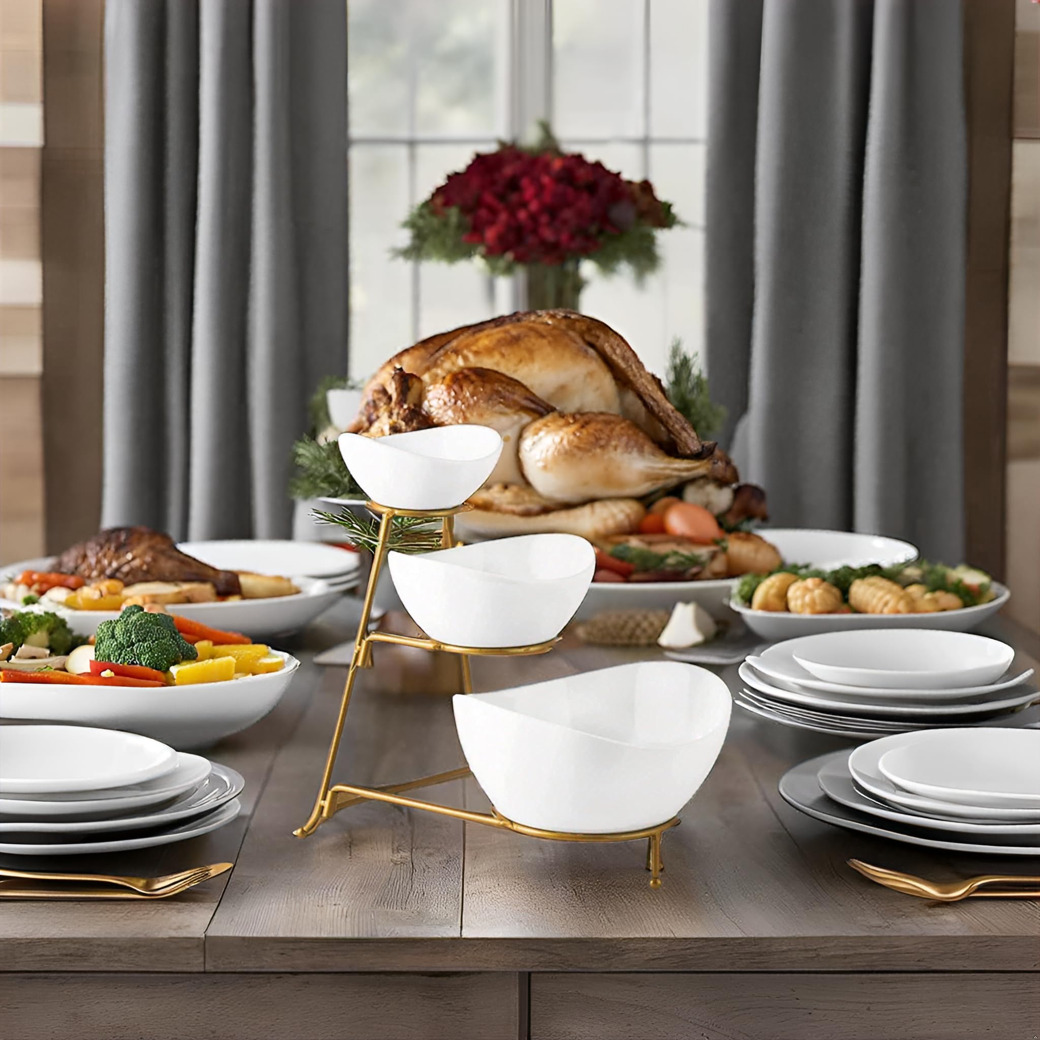 Gomakren 3 Tiered Oval Serving Bowl With Collapsible Metal Rack, Chip And Dip Serving Set, Dessert Appetizer, Candy, Fruit, Vege