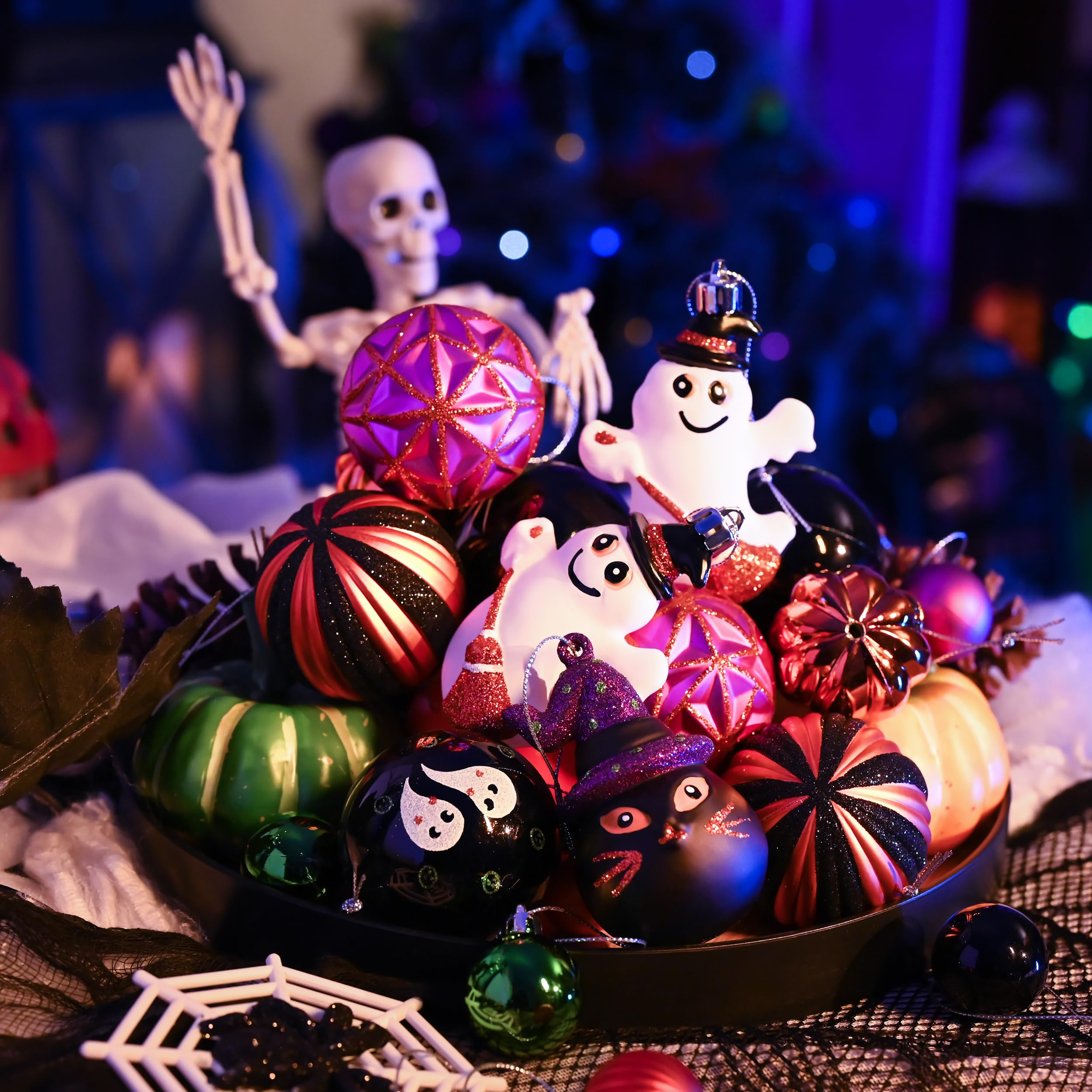 Valery Madelyn Halloween Ornaments Tree Decorations, 40ct Medium Shatterproof Ghost Cat Jack-o -Lantern Pumpkin Hanging Ball Orn