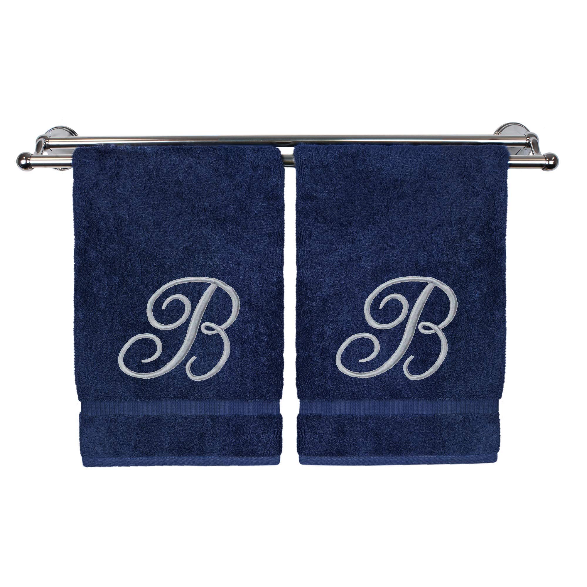 Bc Bare Cotton Monogrammed Hand Towel, Navy, 16 X 30 Inches - Set Of 2, 100% Turkish Cotton, Extra Absorbent, Soft Terry Finish,