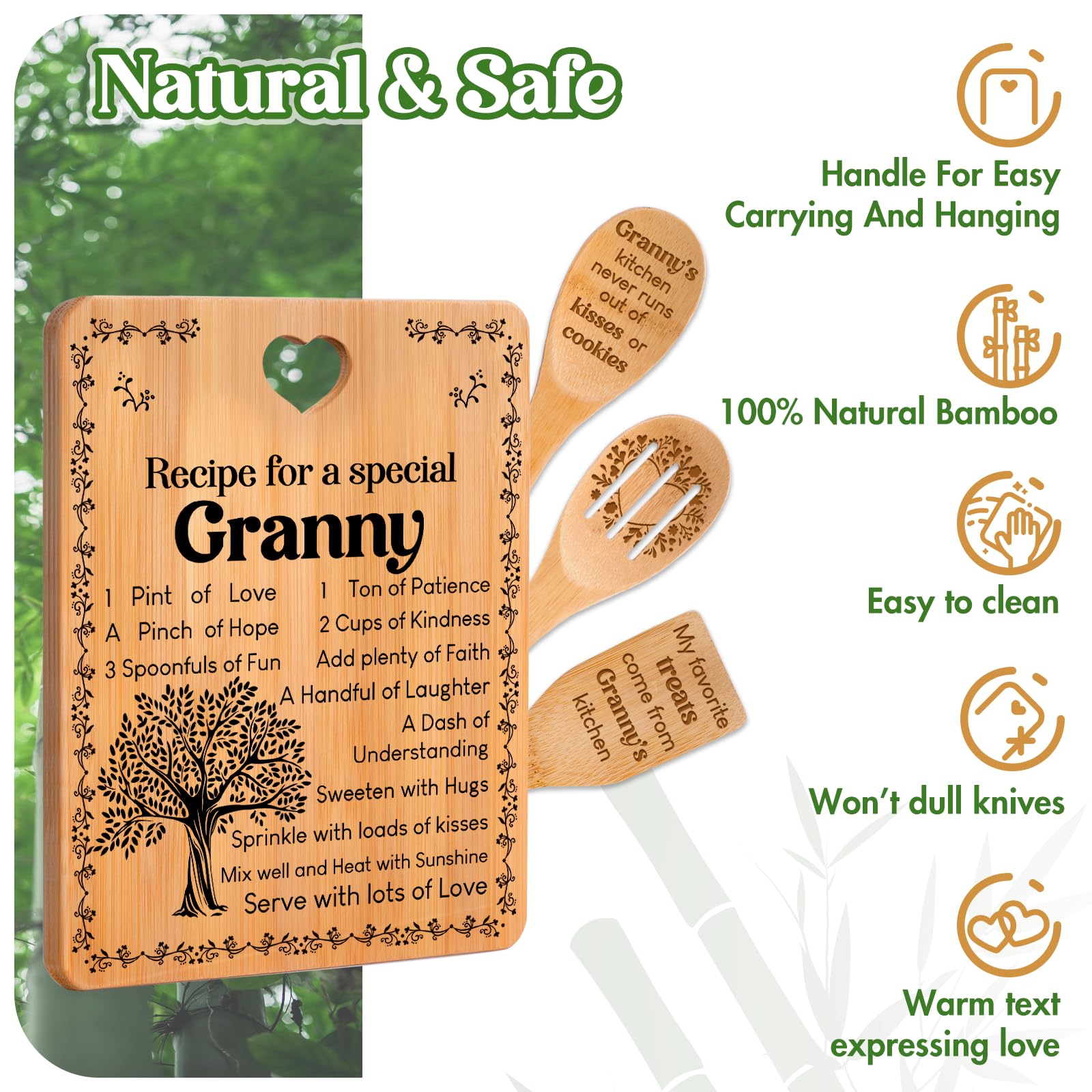 Granny Gifts -  Recipe for a Special Granny  Christmas Gifts for Granny Cutting Board Set, Bamboo-Made Engraved Utensil Set Gran